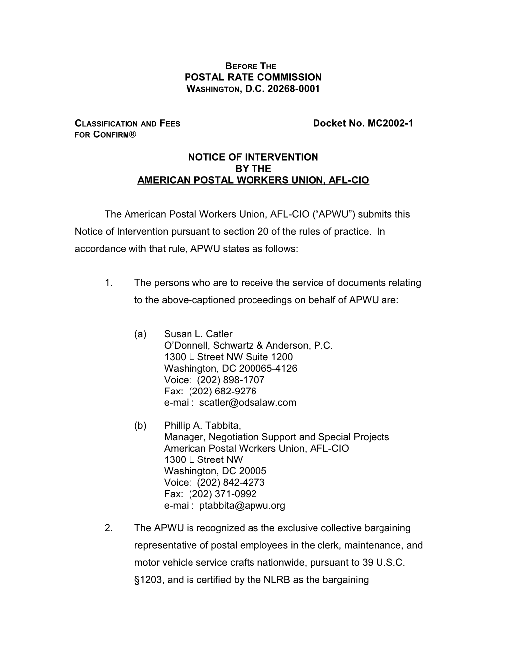 Classification and Fees Docket No. MC2002-1