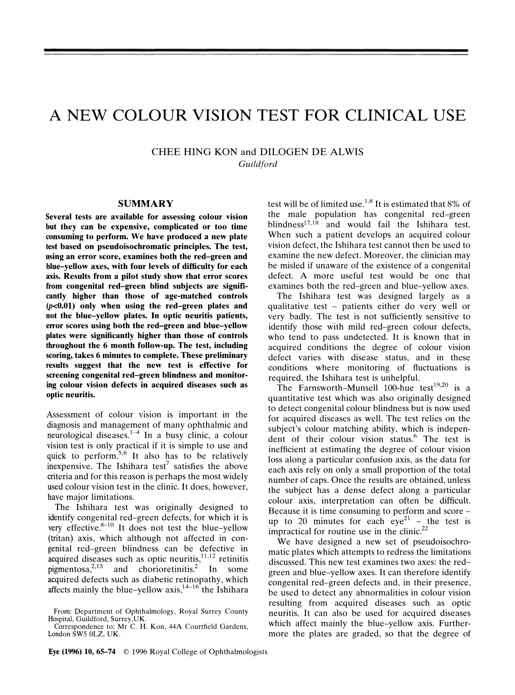 A New Colour Vision Test for Clinical Use