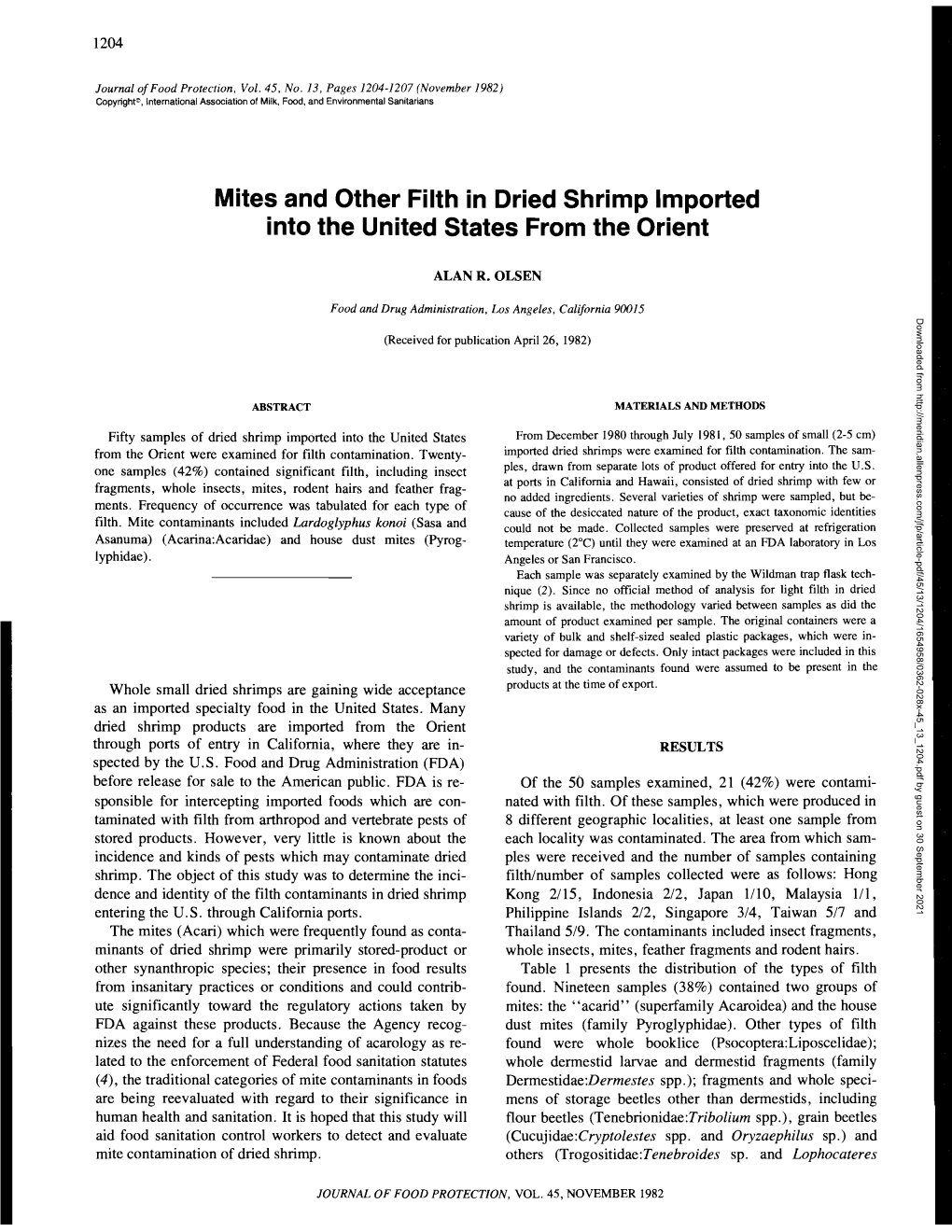 Mites and Other Filth in Dried Shrimp Imported Into the United States from the Orient