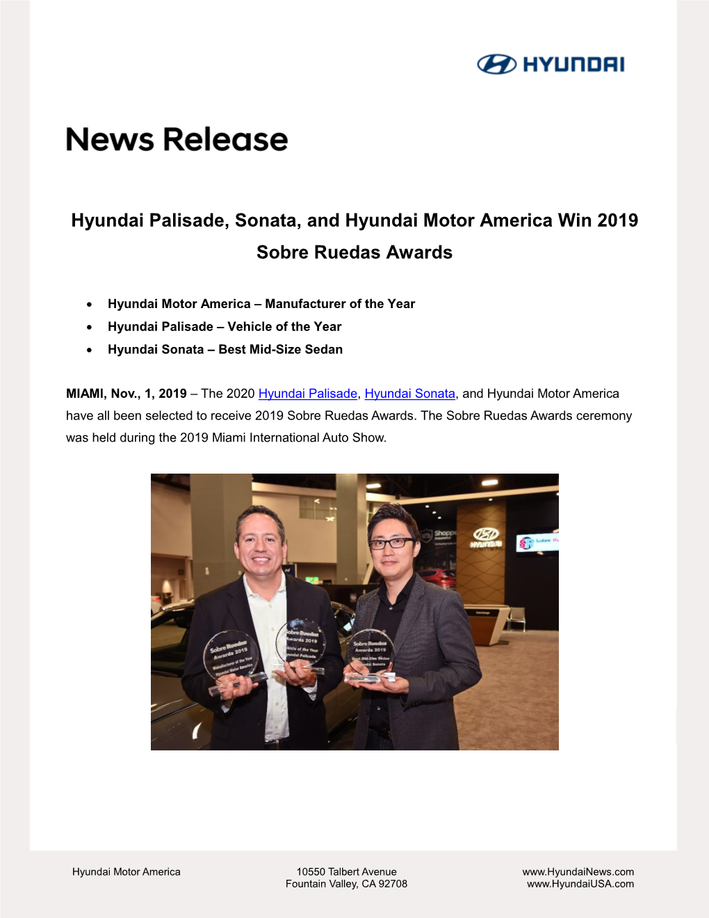 Hyundai Palisade, Sonata, and Hyundai Motor America Win 2019 Sobre Ruedas Awards
