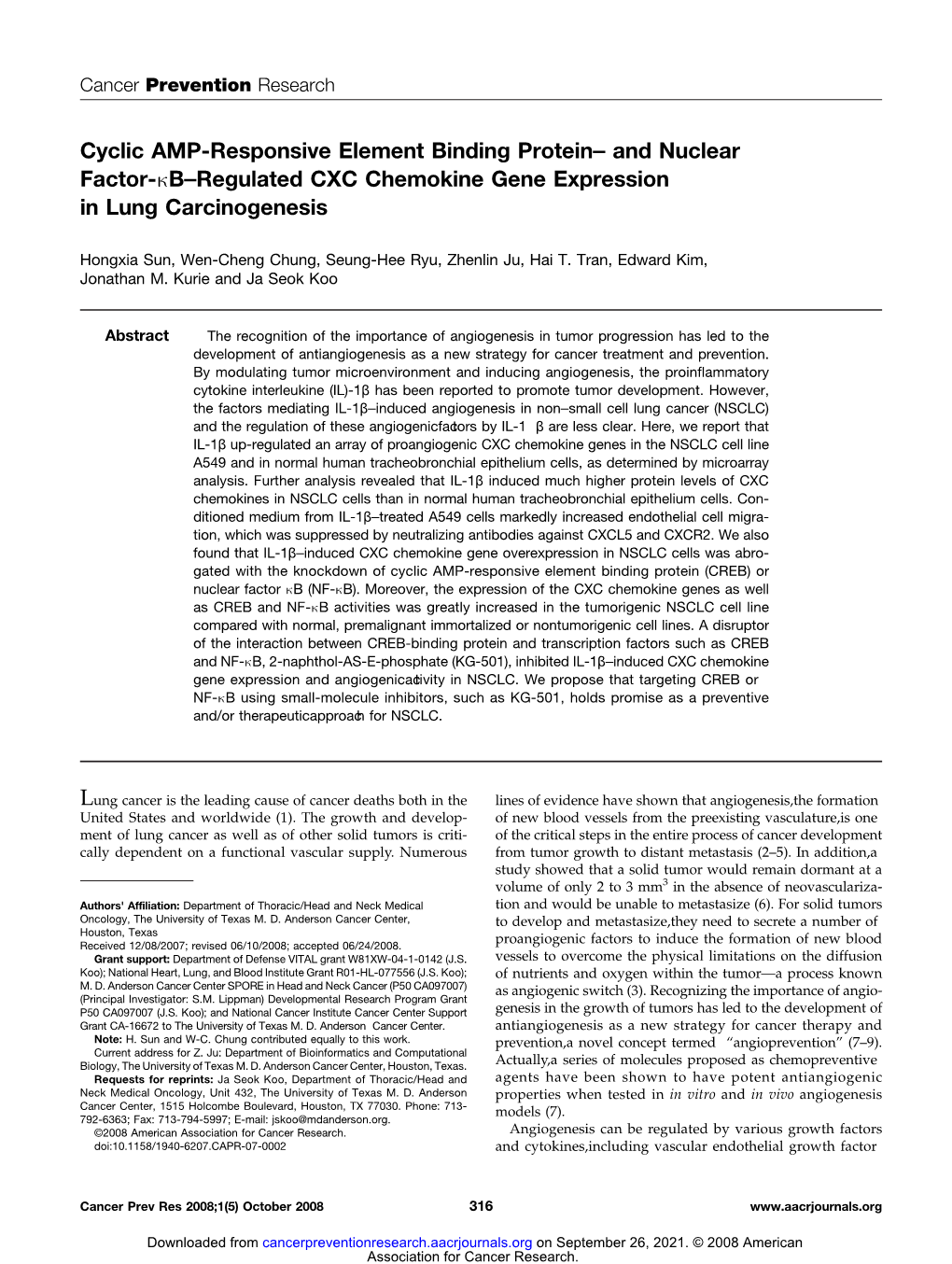 And Nuclear Factor-Κb–Regulated CXC Chemokine Gene Expression in Lung Carcinogenesis