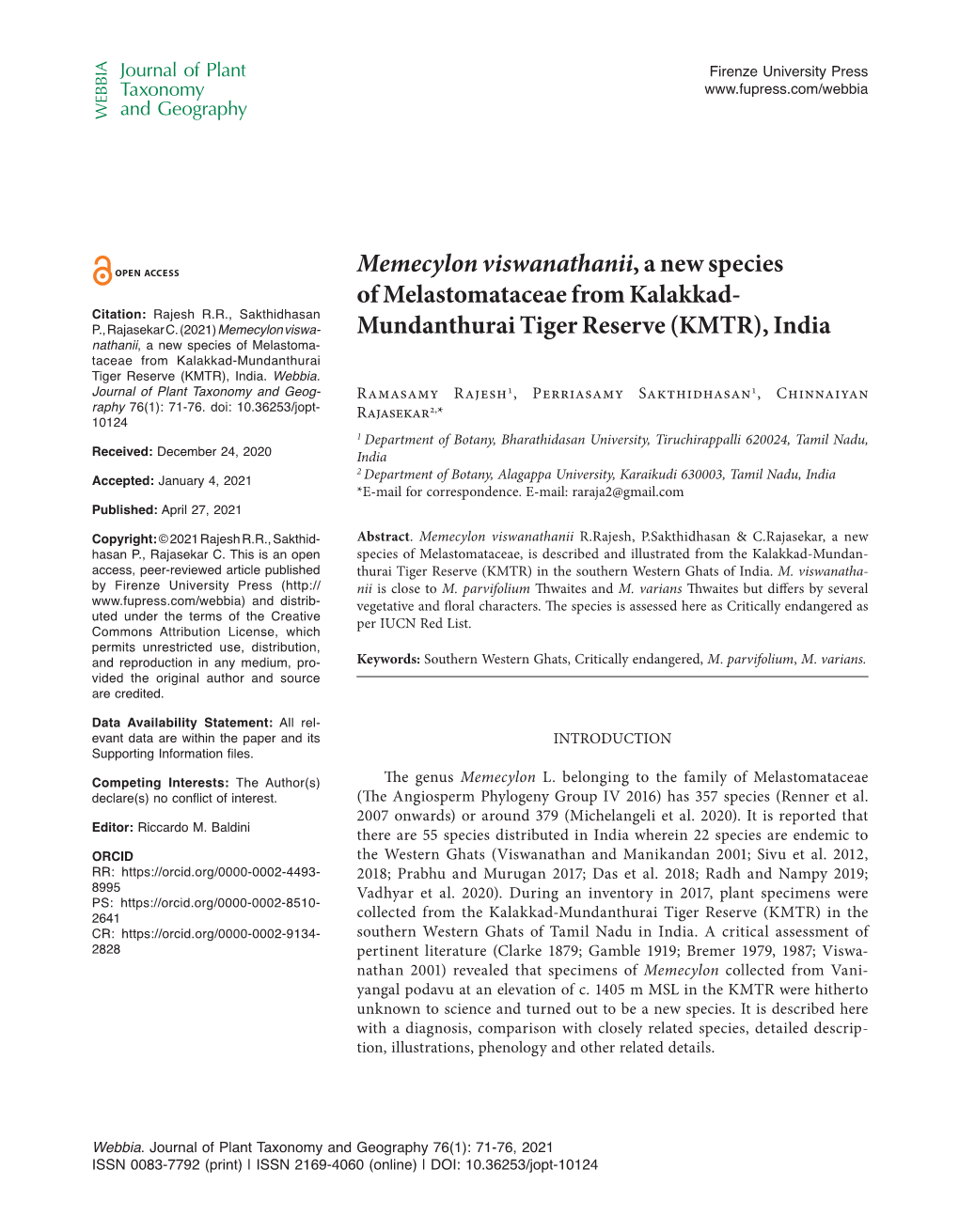 Memecylon Viswanathanii, a New Species of Melastomataceae from Kalakkad- Citation: Rajesh R.R., Sakthidhasan P., Rajasekar C