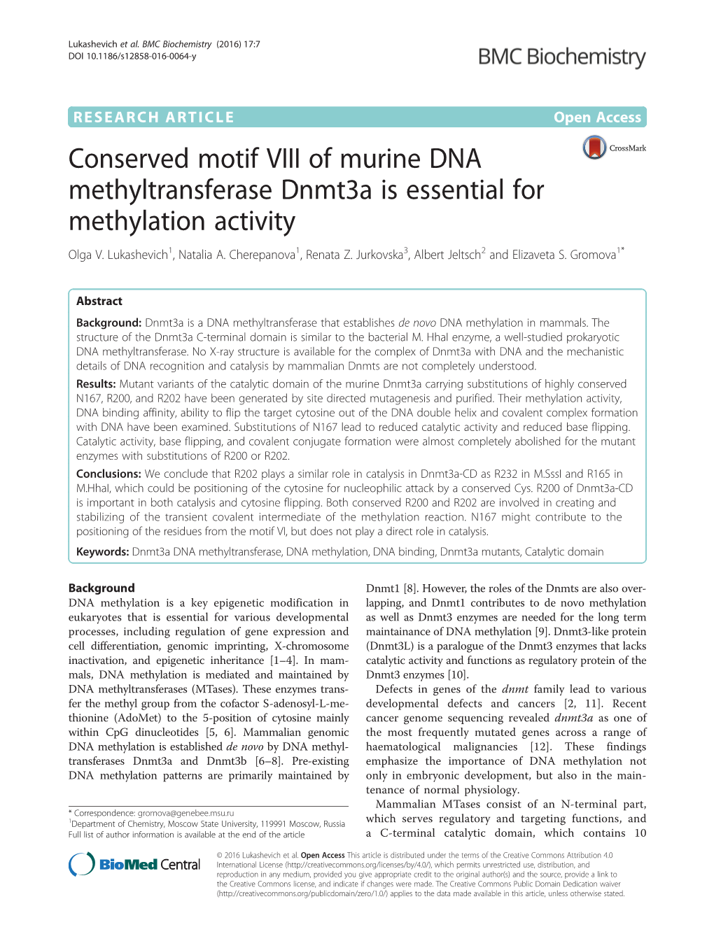 Conserved Motif VIII of Murine DNA Methyltransferase Dnmt3a Is Essential for Methylation Activity Olga V