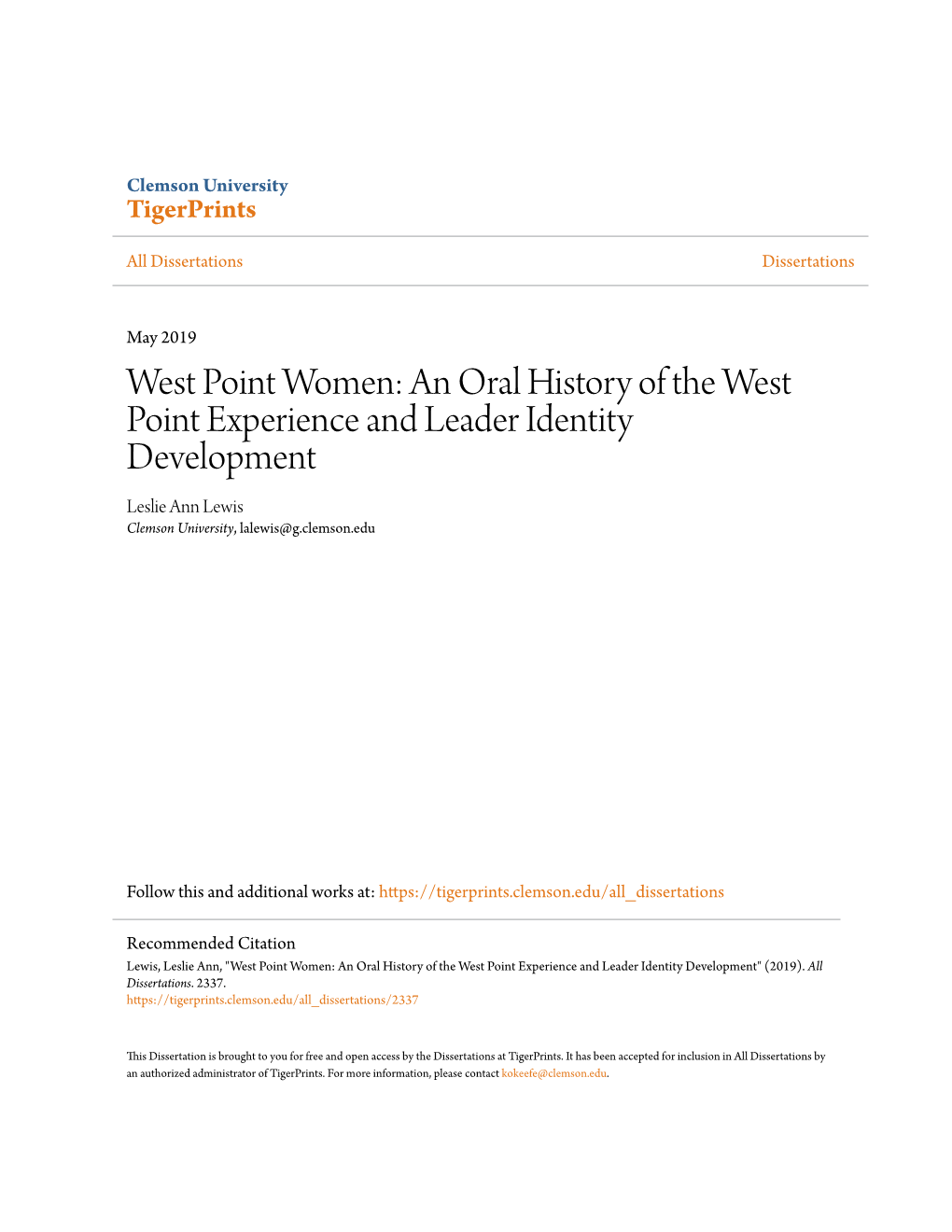 West Point Women: an Oral History of the West Point Experience and Leader Identity Development Leslie Ann Lewis Clemson University, Lalewis@G.Clemson.Edu