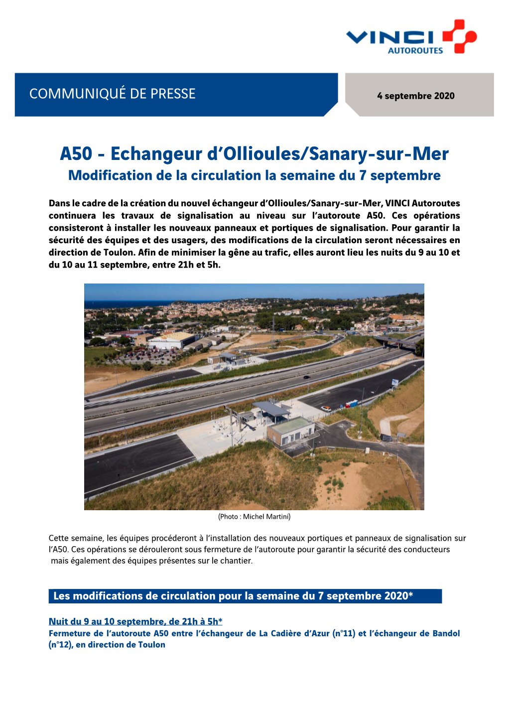 A50 - Echangeur D’Ollioules/Sanary-Sur-Mer Modification De La Circulation La Semaine Du 7 Septembre