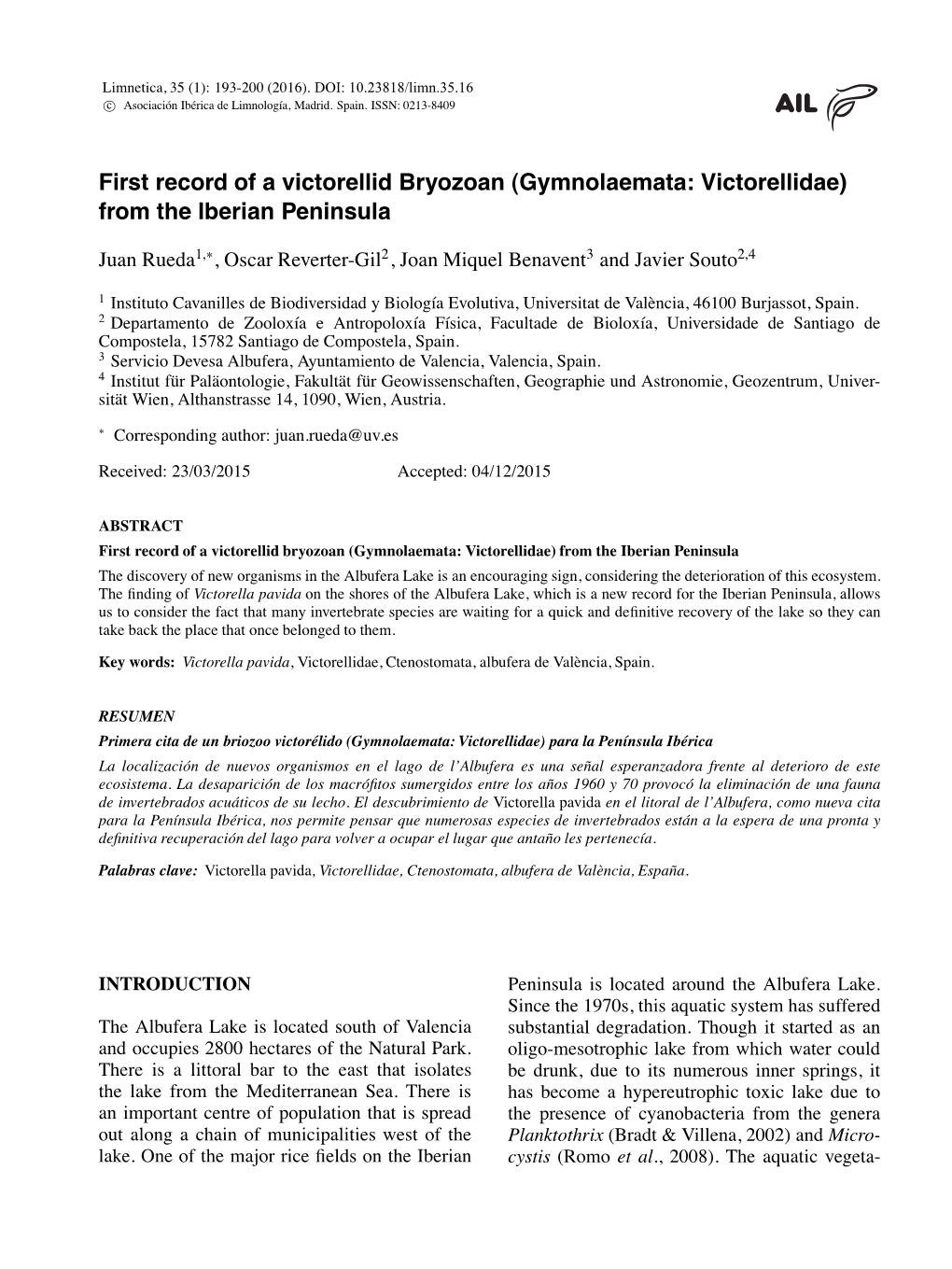 First Record of a Victorellid Bryozoan (Gymnolaemata: Victorellidae) from the Iberian Peninsula