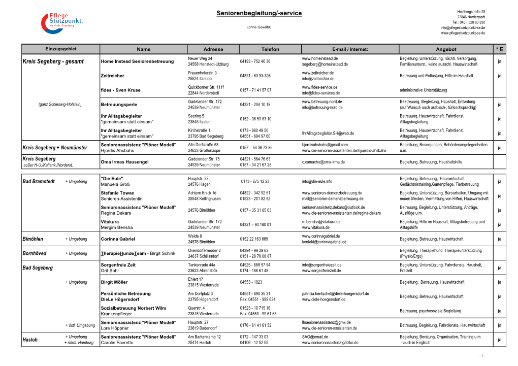 Seniorenbegleitung/-Service Heidbergstraße 28 22846 Norderstedt Tel.: 040 - 528 83 830 (Ohne Gewähr) Info@Pflegestuetzpunkt-Se.De