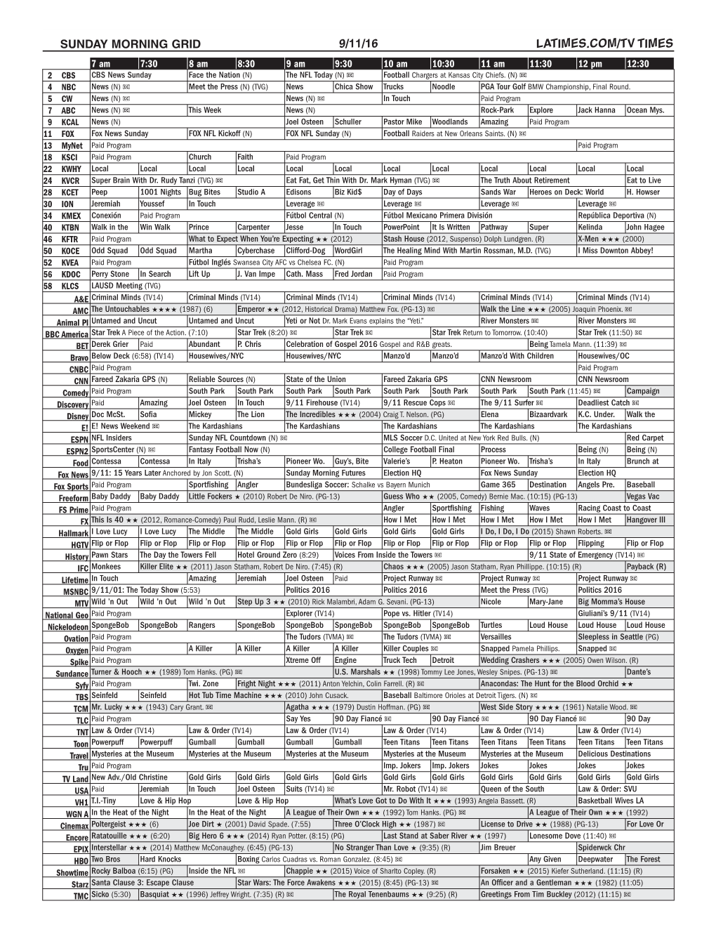 Sunday Morning Grid 9/11/16 Latimes.Com/Tv Times