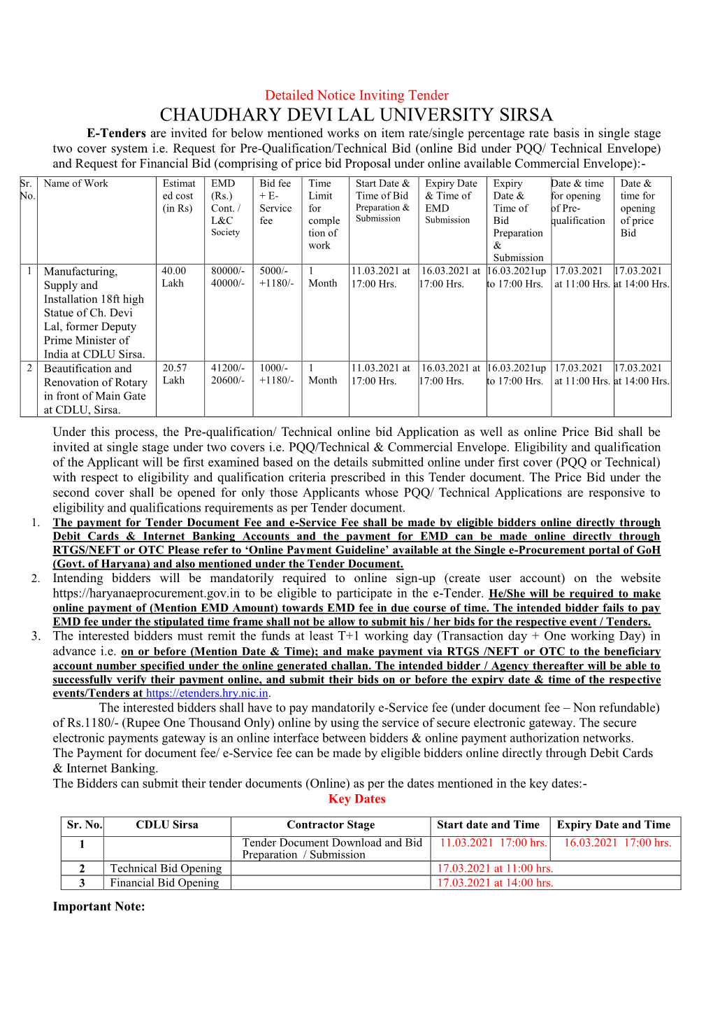 Tender Notice for Statue of Ch. Devi