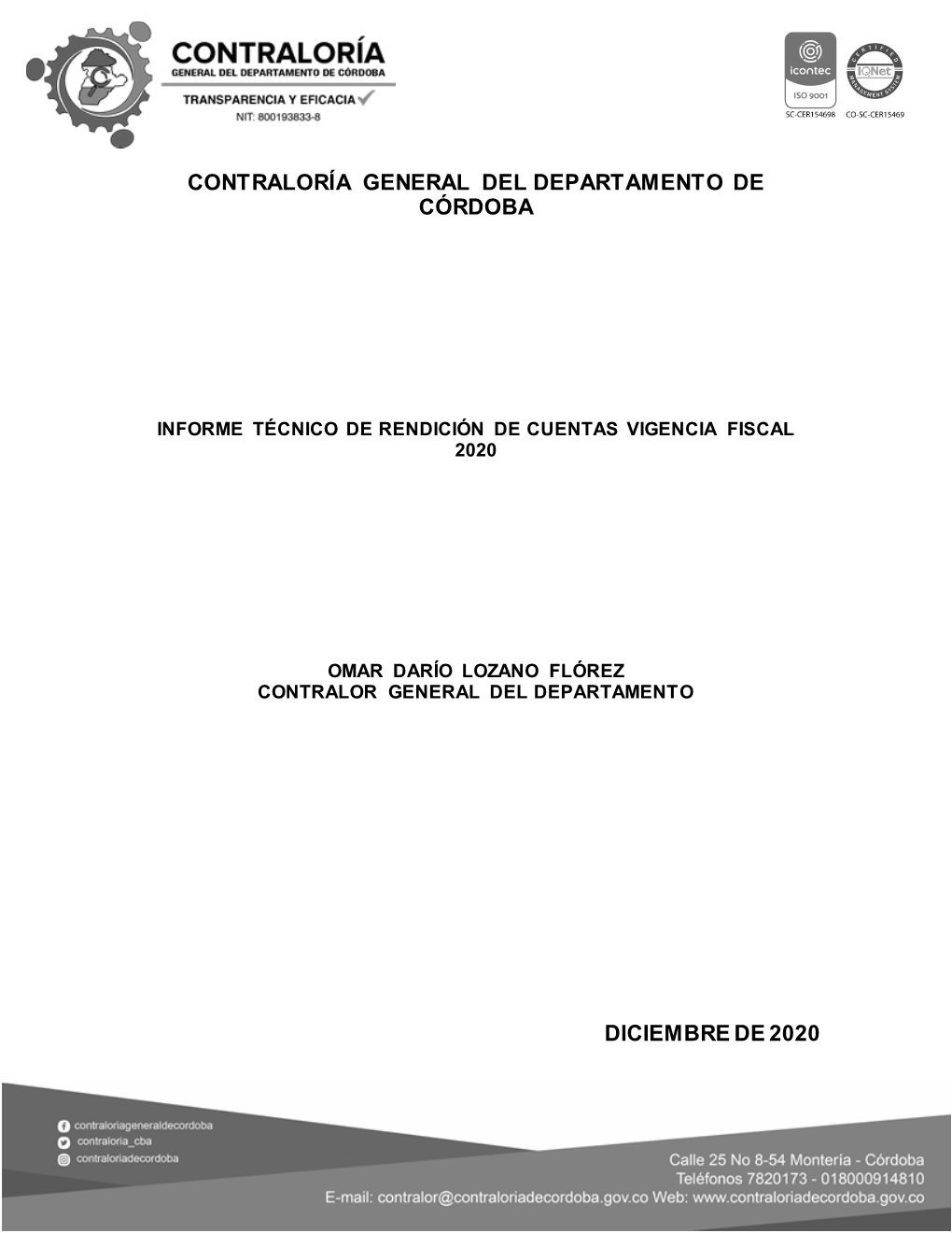 Contraloría General Del Departamento De Córdoba Diciembre De 2020