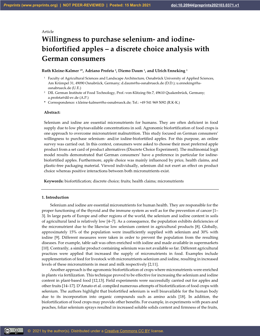 Willingness to Purchase Selenium- and Iodine- Biofortified Apples – a Discrete Choice Analysis with German Consumers