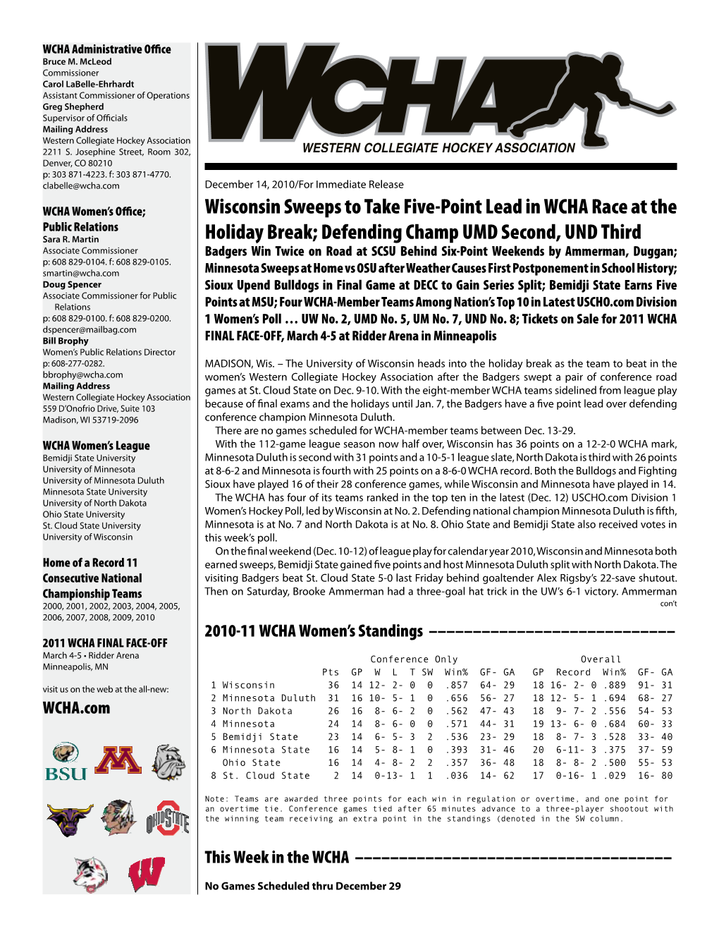 Wisconsin Sweeps to Take Five-Point Lead in WCHA Race at the Holiday