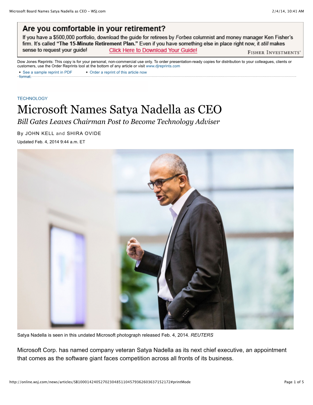 Microsoft Board Names Satya Nadella As CEO - WSJ.Com 2/4/14, 10:41 AM