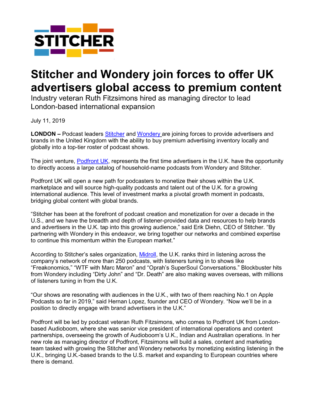 Stitcher and Wondery Join Forces to Offer UK Advertisers Global Access