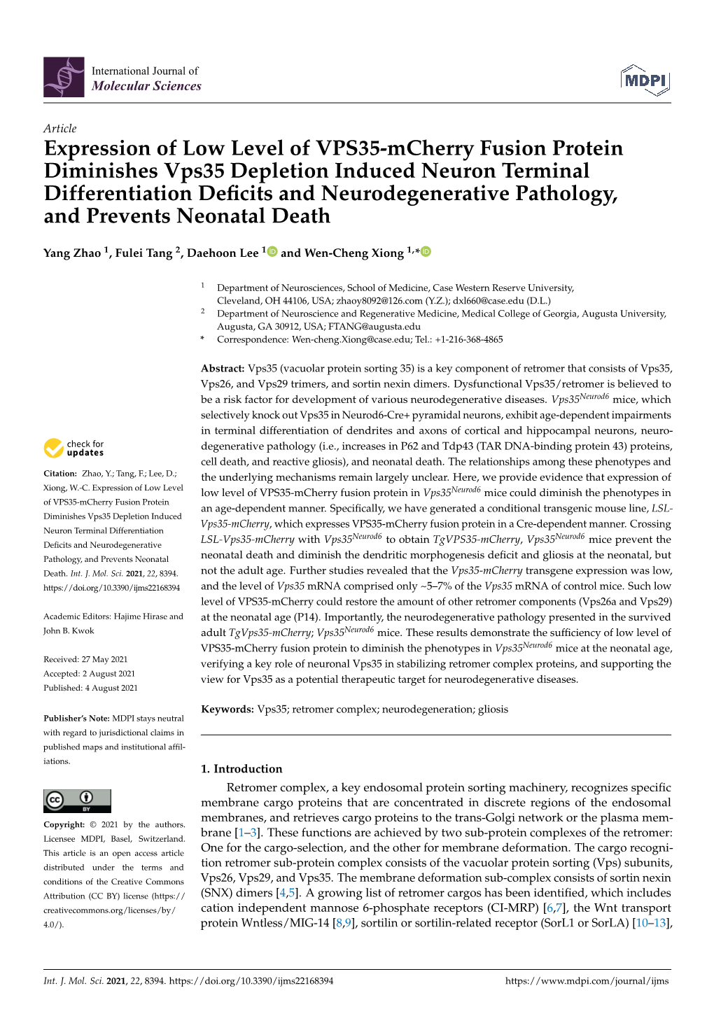 Expression of Low Level of VPS35-Mcherry Fusion Protein Diminishes Vps35 Depletion Induced Neuron Terminal Differentiation Defic