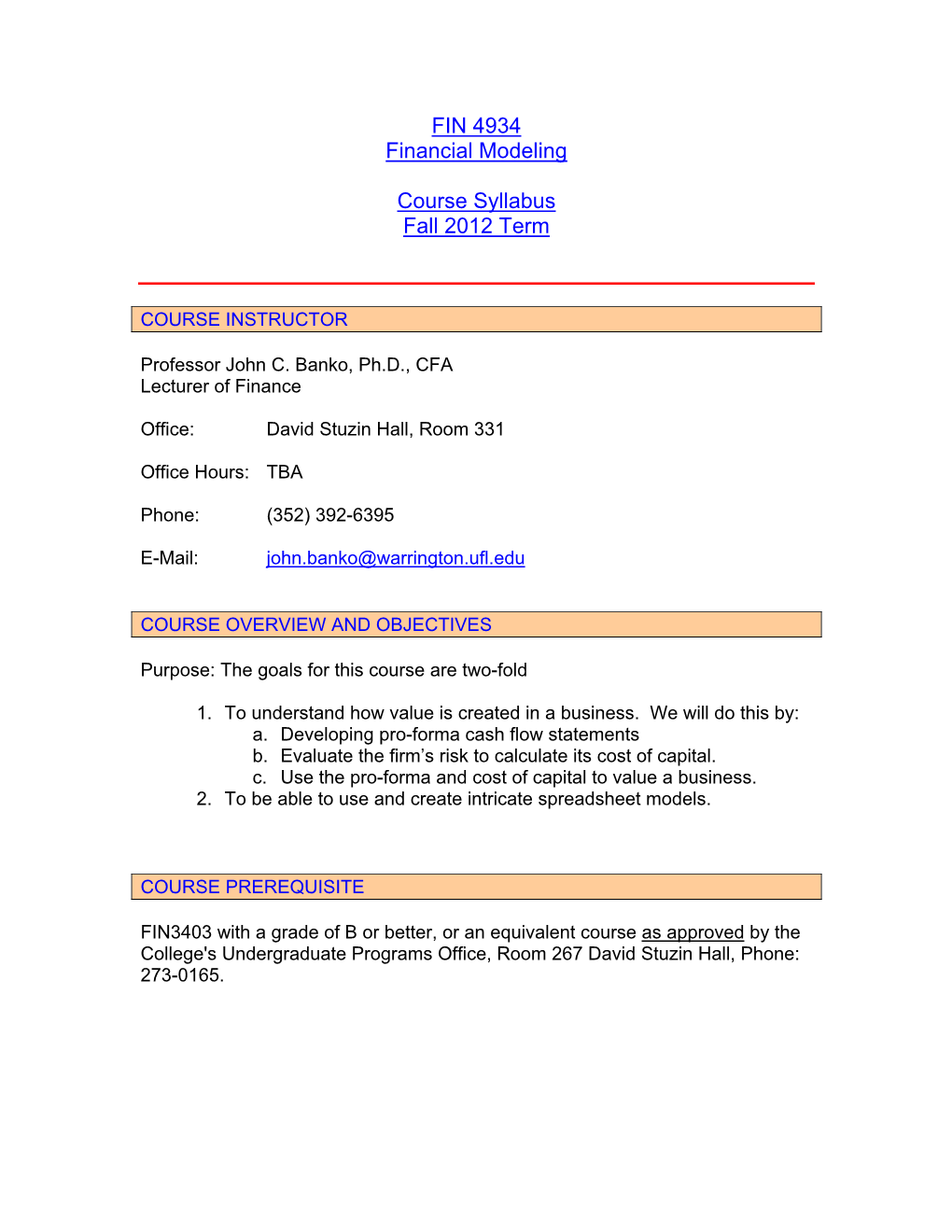 FIN 4934 Financial Modeling