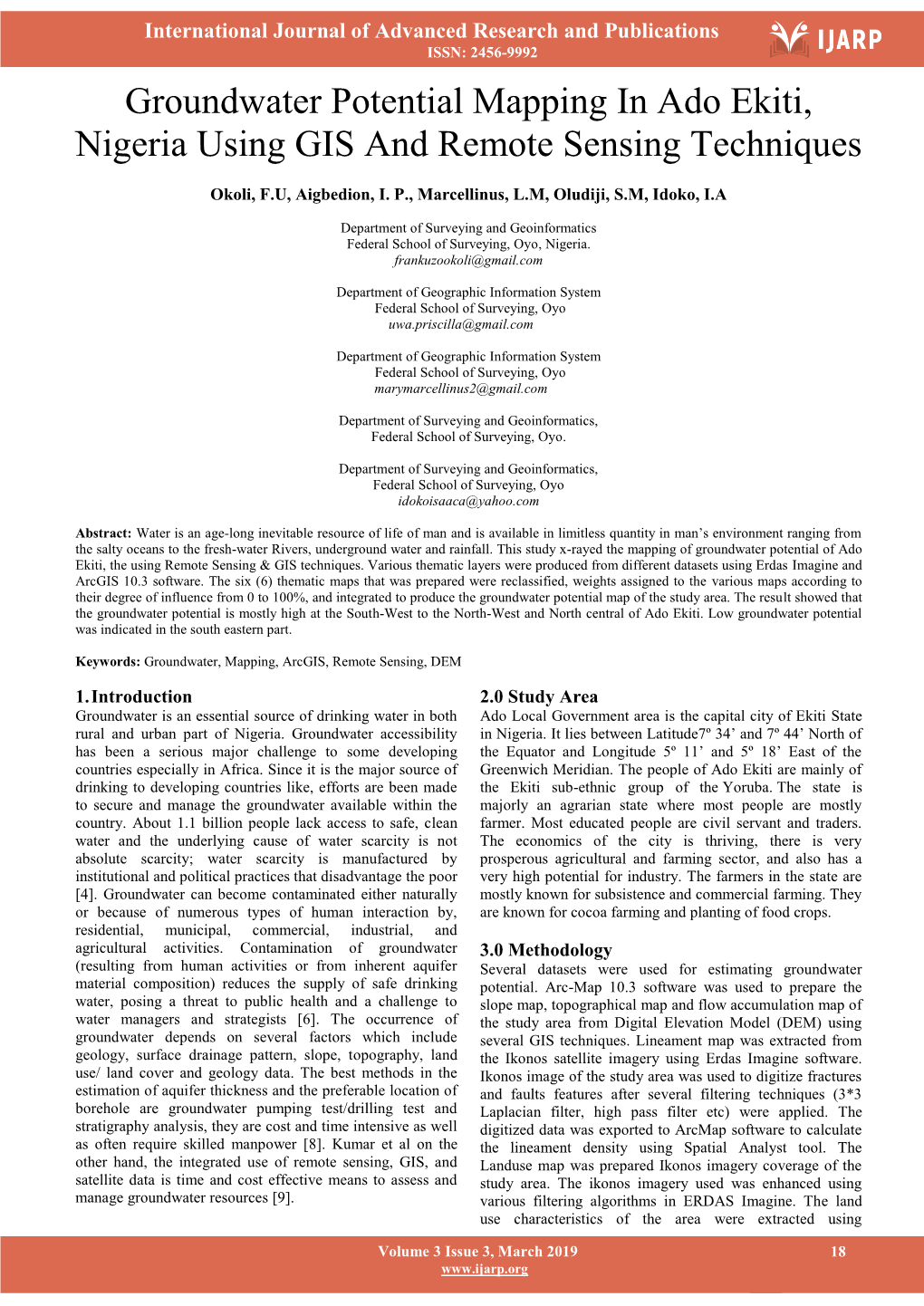 Groundwater Potential Mapping in Ado Ekiti, Nigeria Using GIS and Remote Sensing Techniques