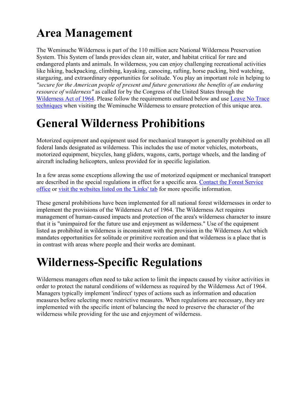 Regulations for Wilderness Area