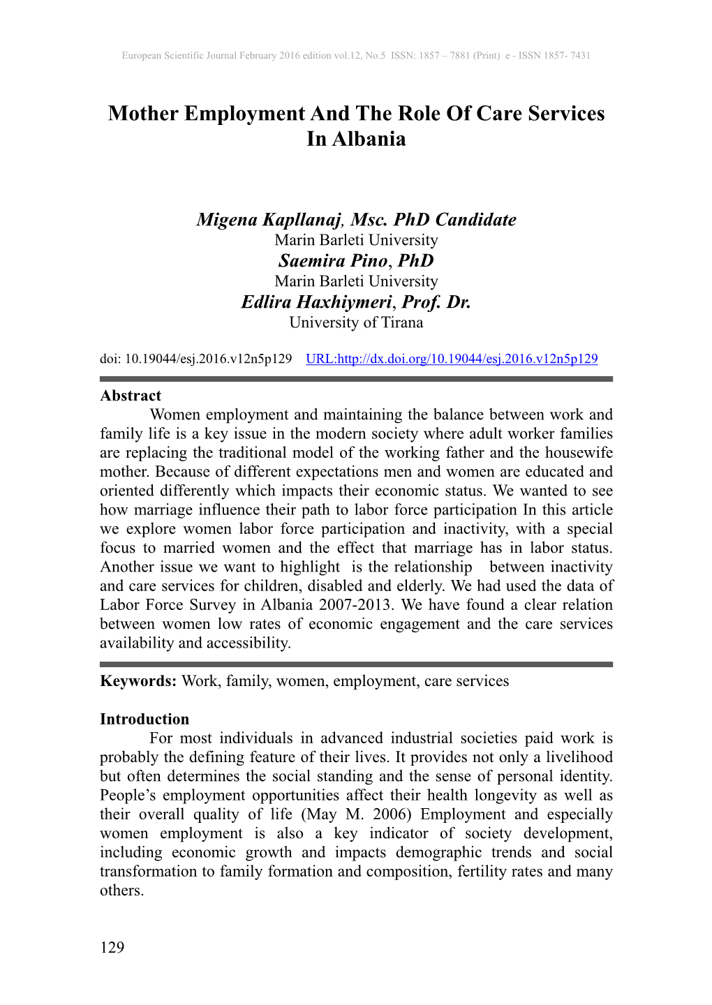 Mother Employment and the Role of Care Services in Albania