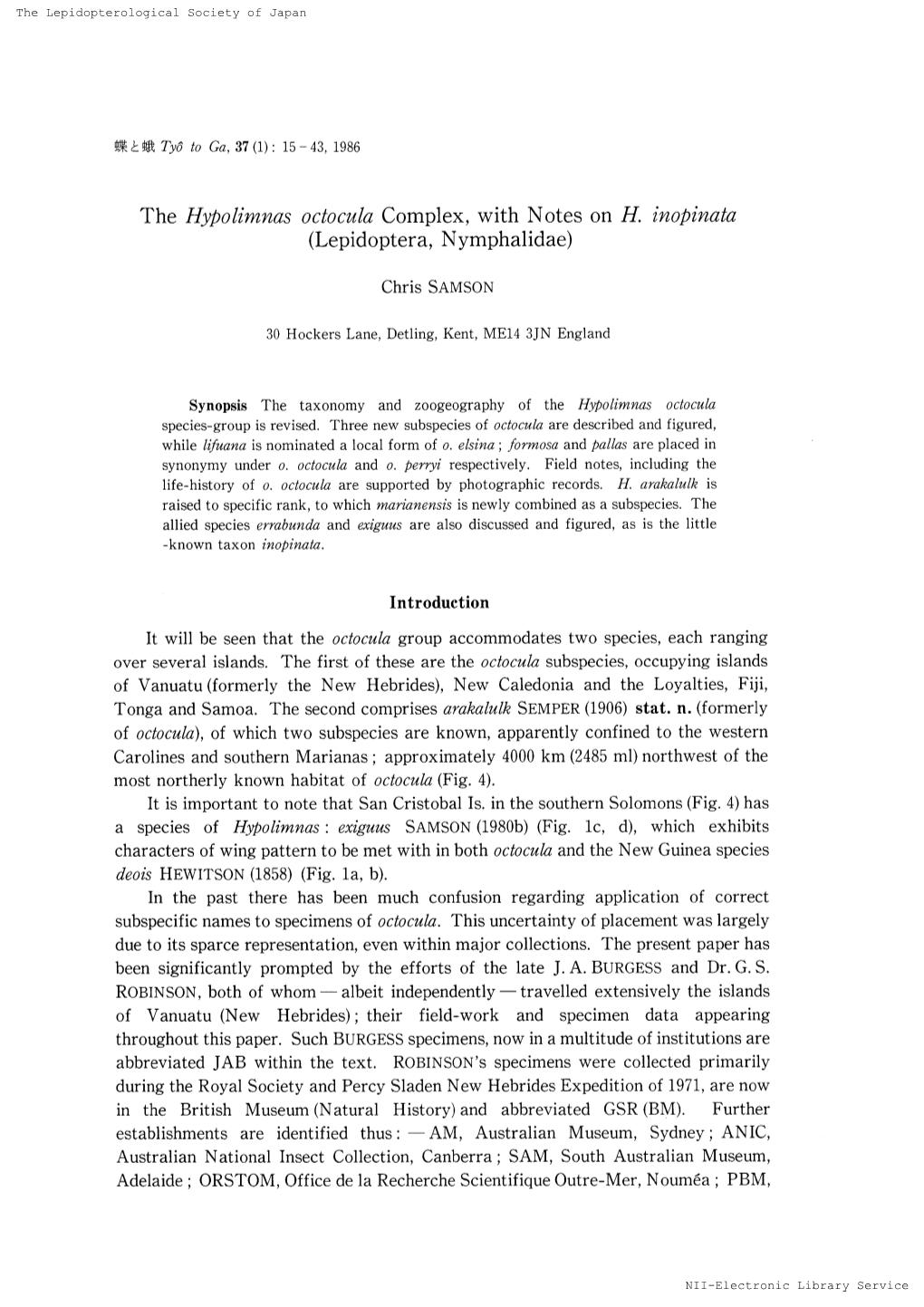 The Hypolimnas Octocula Complex, with Notes on H. Inopinata (Lepidoptera, Nymphalidae)