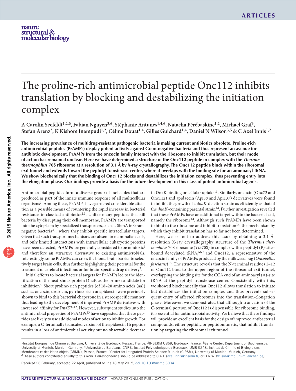 The Proline-Rich Antimicrobial Peptide Onc112 Inhibits Translation By