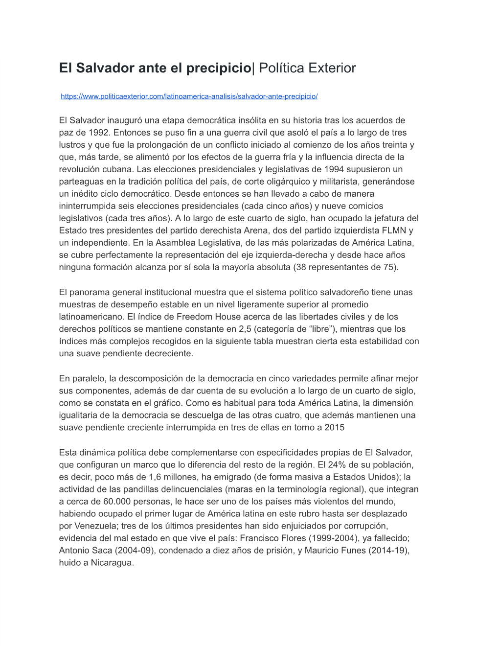 El Salvador Ante El Precipicio | Política Exterior