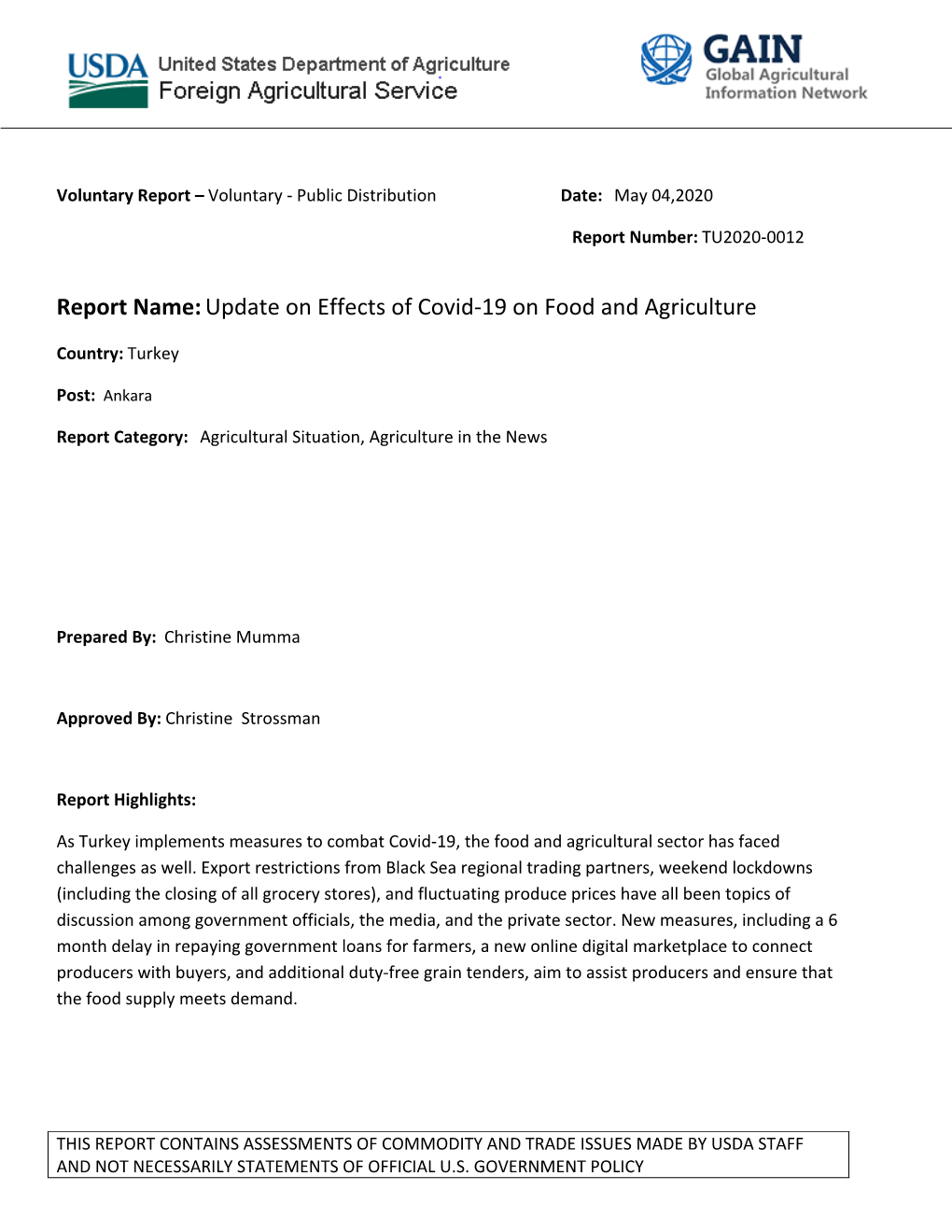 Report Name:Update on Effects of Covid-19 on Food and Agriculture