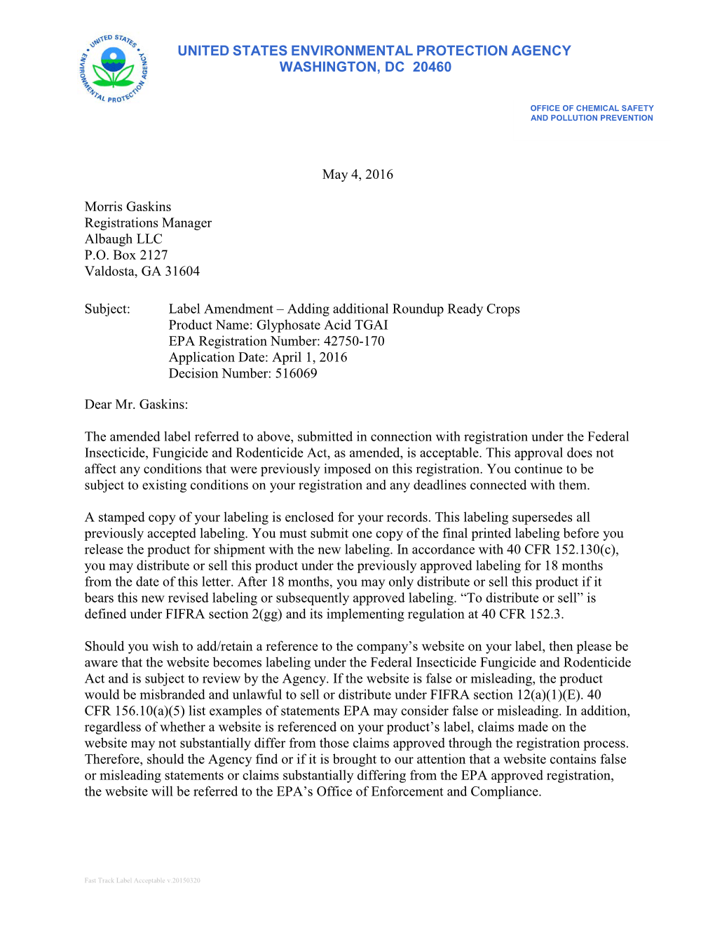 US EPA, Pesticide Product Label, GLYPHOSATE ACID TGAI,05/04