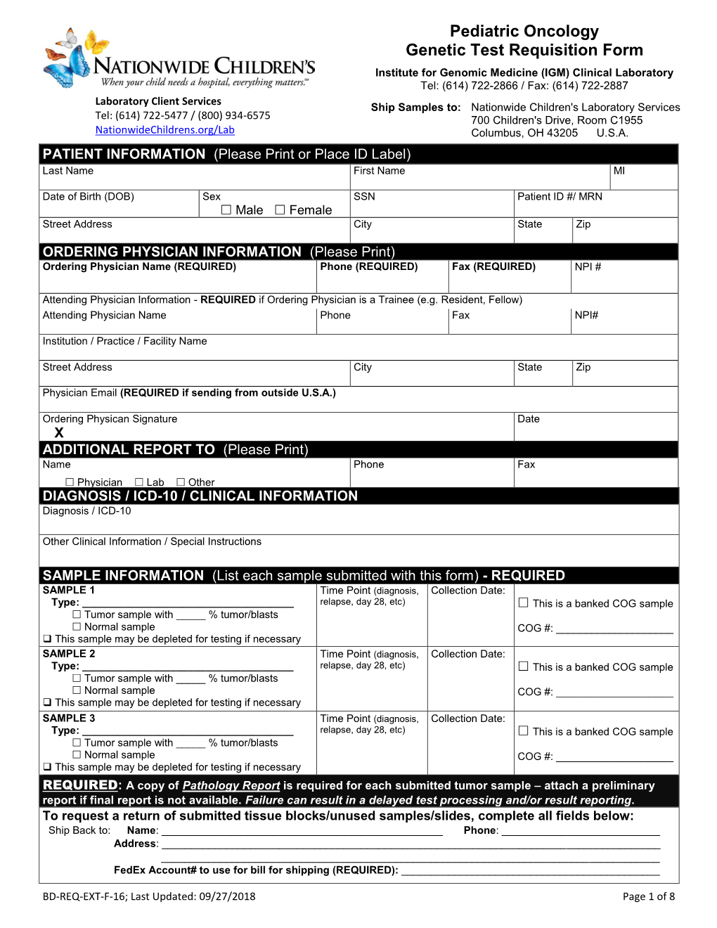 Pediatric Oncology Genetic Test Requisition Form