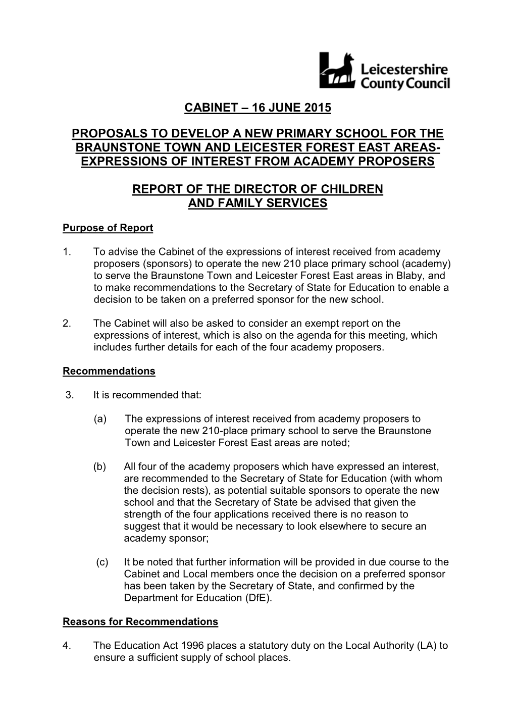 14 Braunstone New School Expressions of Interest