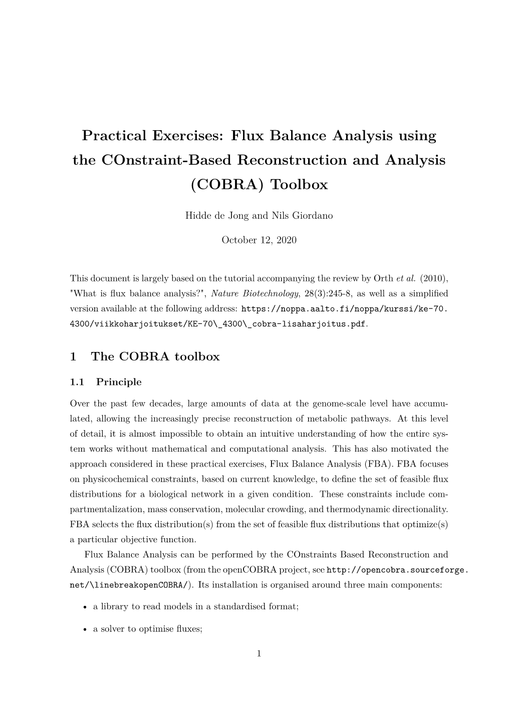 Practical Exercises: Flux Balance Analysis Using the Constraint-Based Reconstruction and Analysis (COBRA) Toolbox