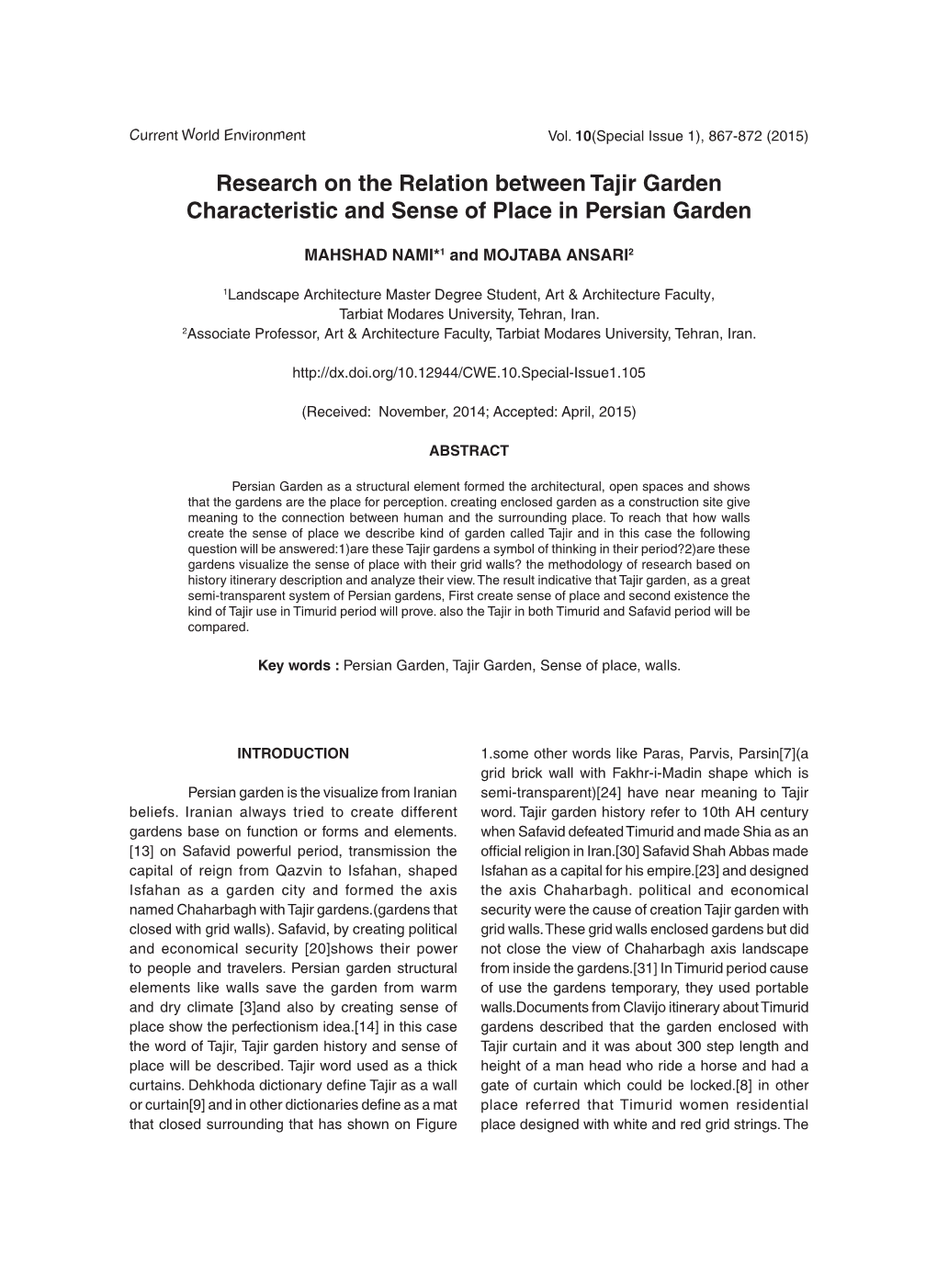 Research on the Relation Between Tajir Garden Characteristic and Sense of Place in Persian Garden