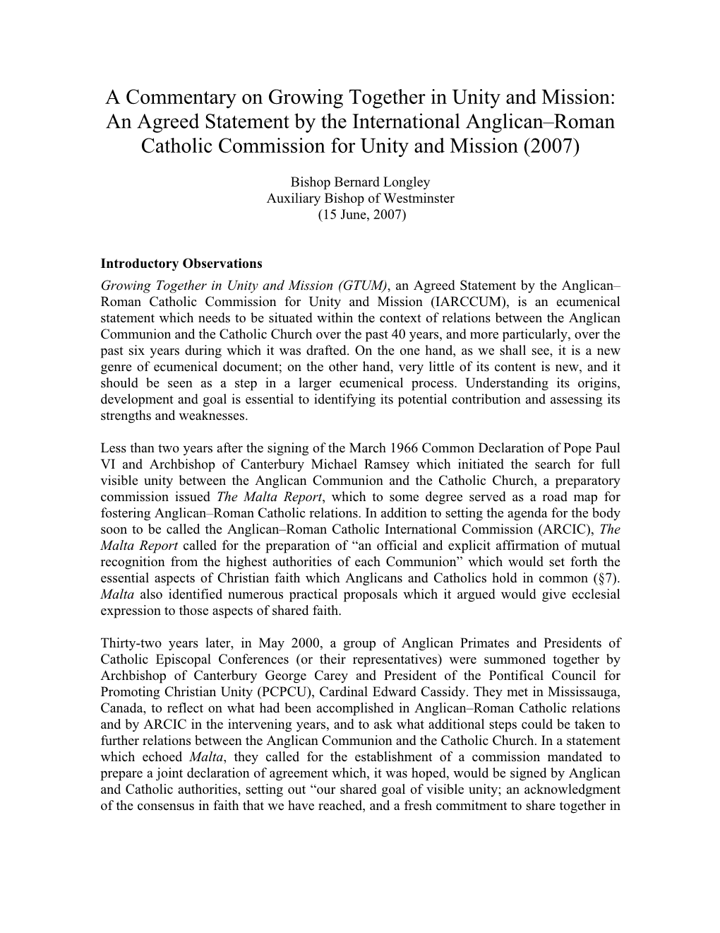 A Commentary on Growing Together in Unity and Mission: an Agreed Statement by the International Anglican–Roman Catholic Commission for Unity and Mission (2007)