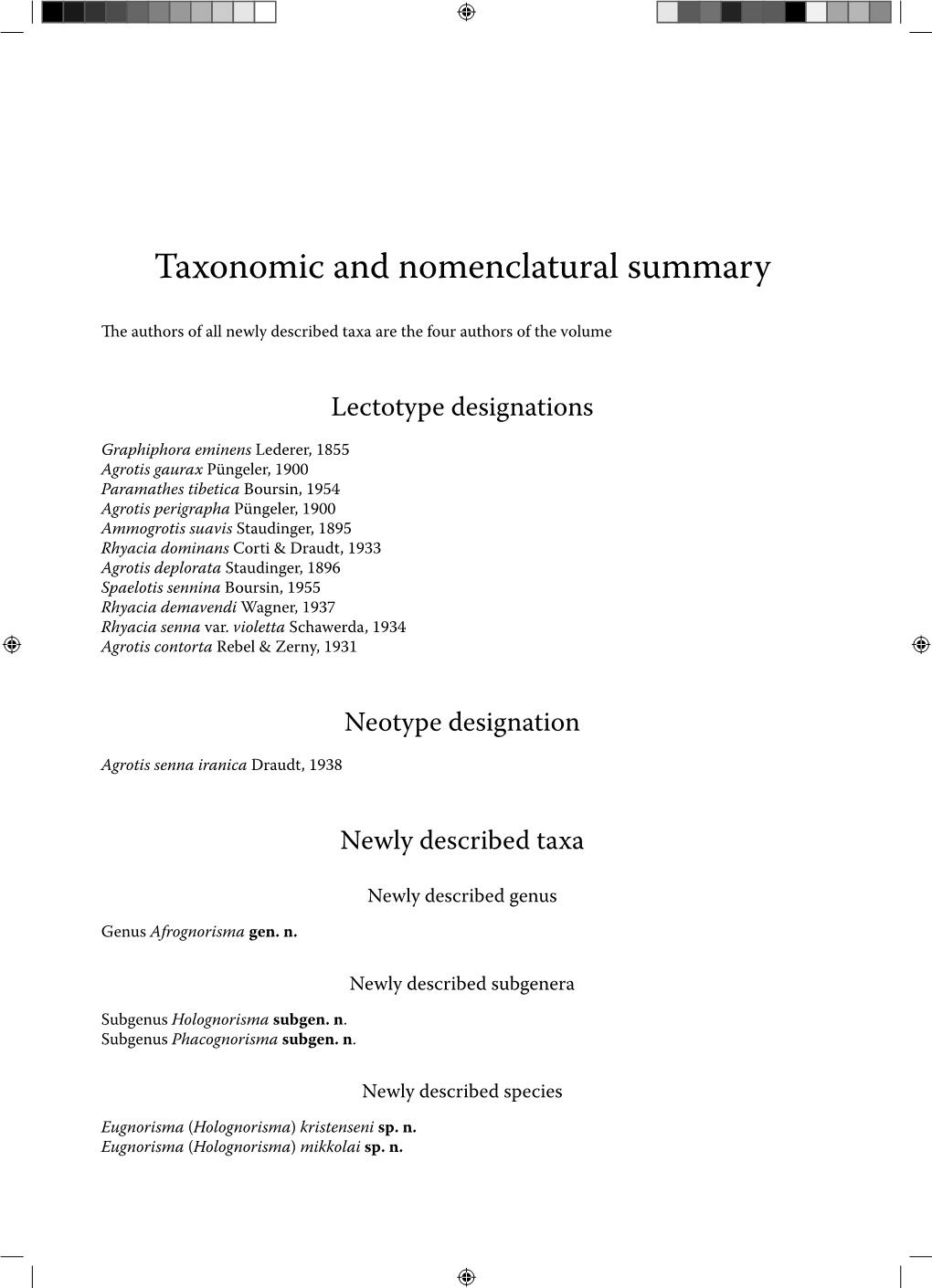 Taxonomic and Nomenclatural Summary