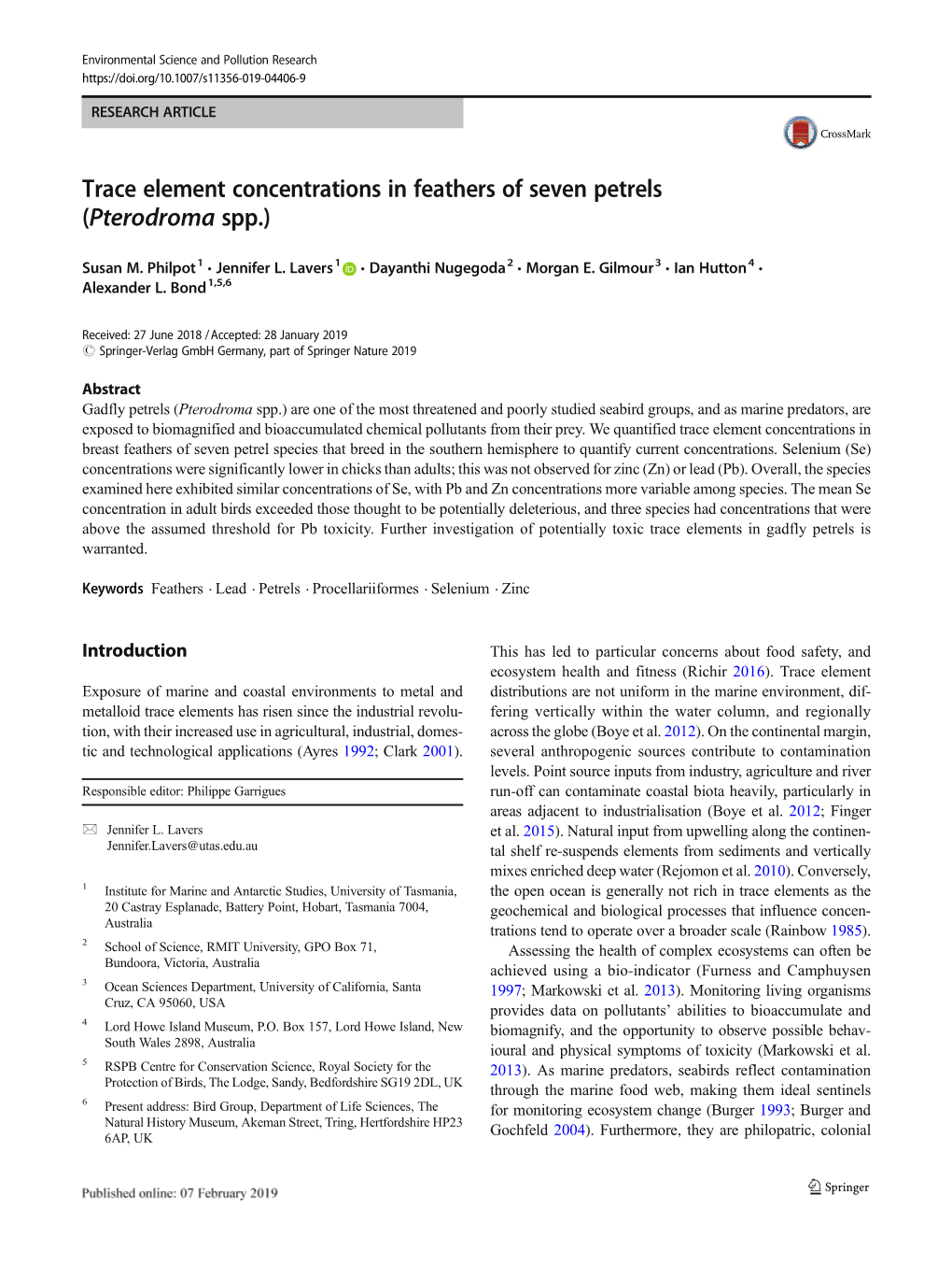 Trace Element Concentrations in Feathers of Seven Petrels (Pterodroma Spp.)