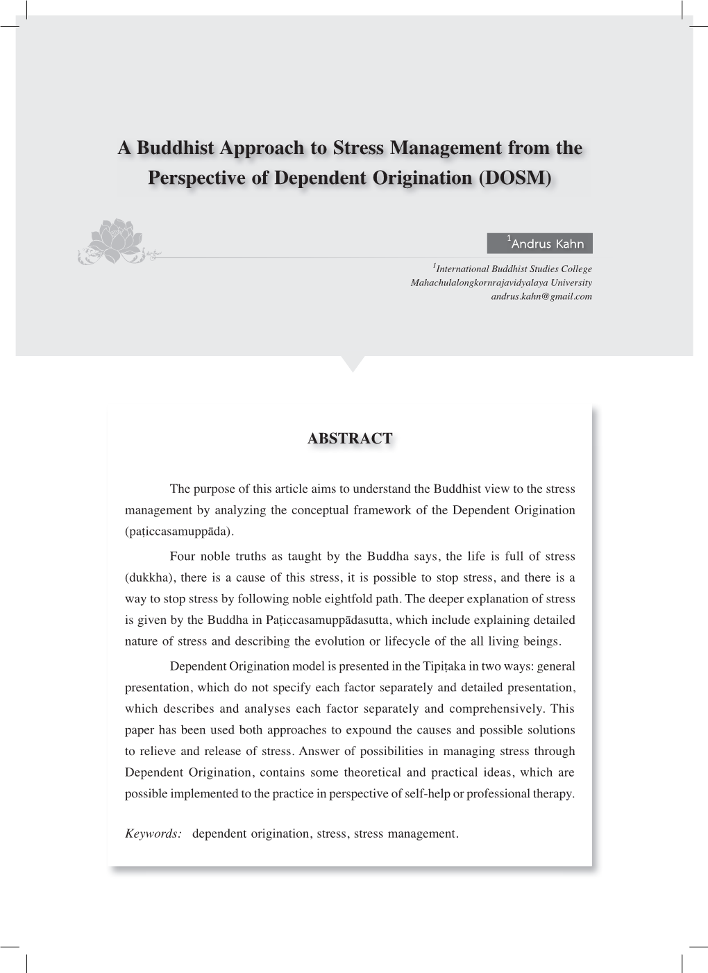 A Buddhist Approach to Stress Management from the Perspective of Dependent Origination (DOSM)