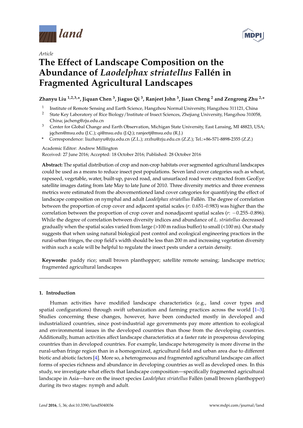 The Effect of Landscape Composition on the Abundance of Laodelphax Striatellus Fallén in Fragmented Agricultural Landscapes