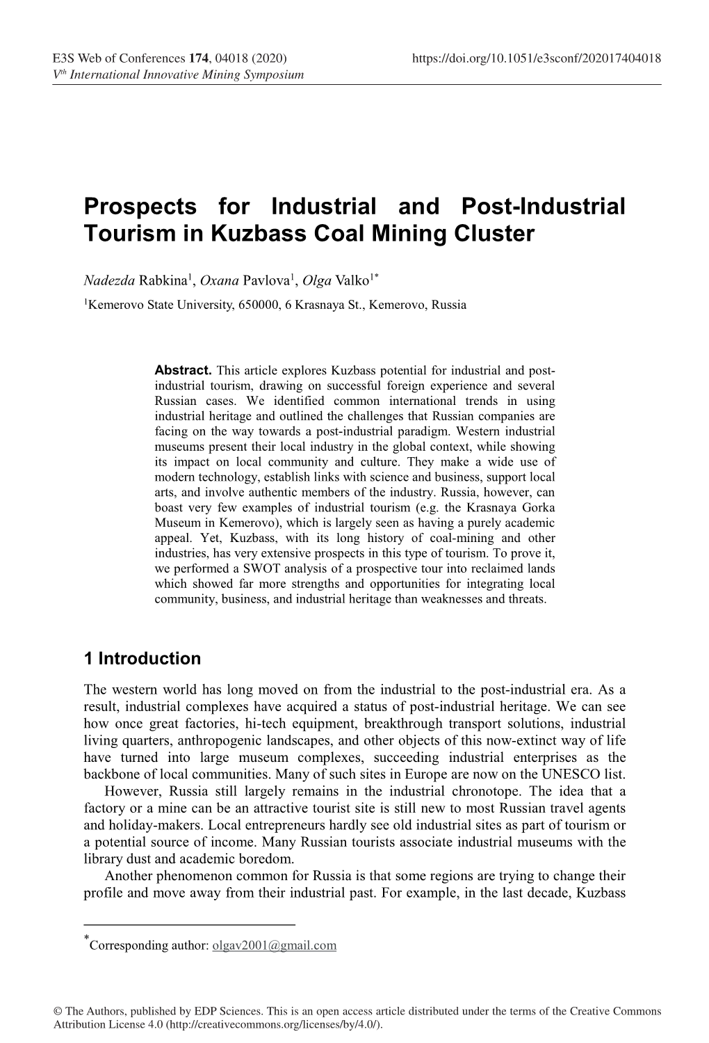 Prospects for Industrial and Post-Industrial Tourism in Kuzbass Coal Mining Cluster