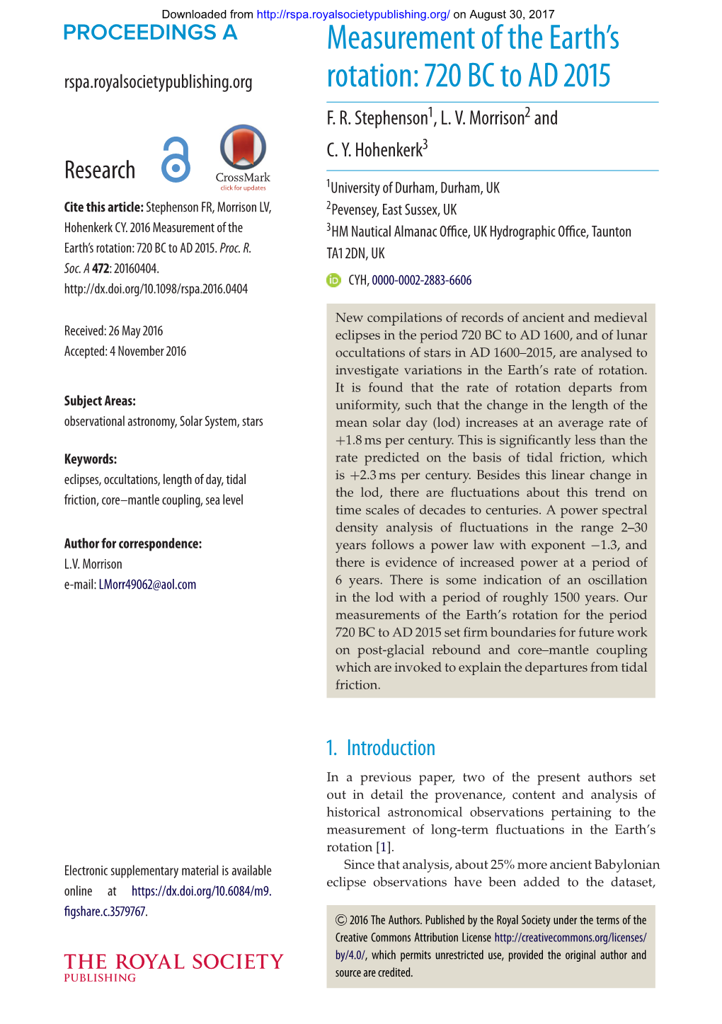 Measurement of the Earth's Rotation: 720 BC to AD 2015