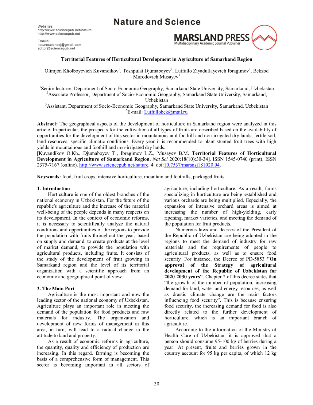 30 Territorial Features of Horticultural Development in Agriculture Of