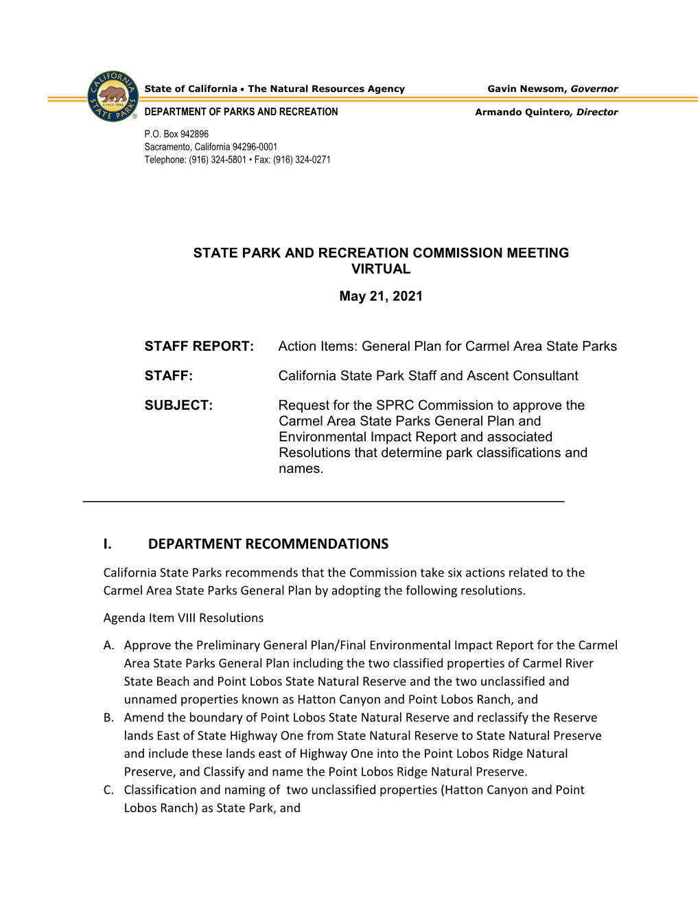 Staff Report Carmel Area State Parks General Plan and Final