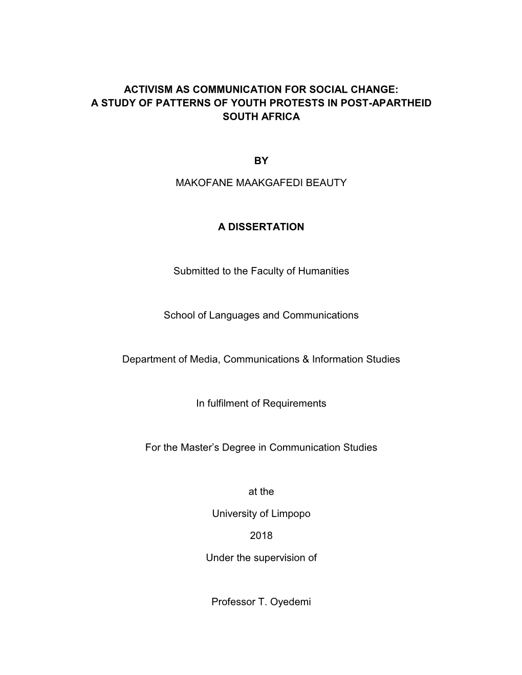 A Study of Patterns of Youth Protests in Post-Apartheid South Africa