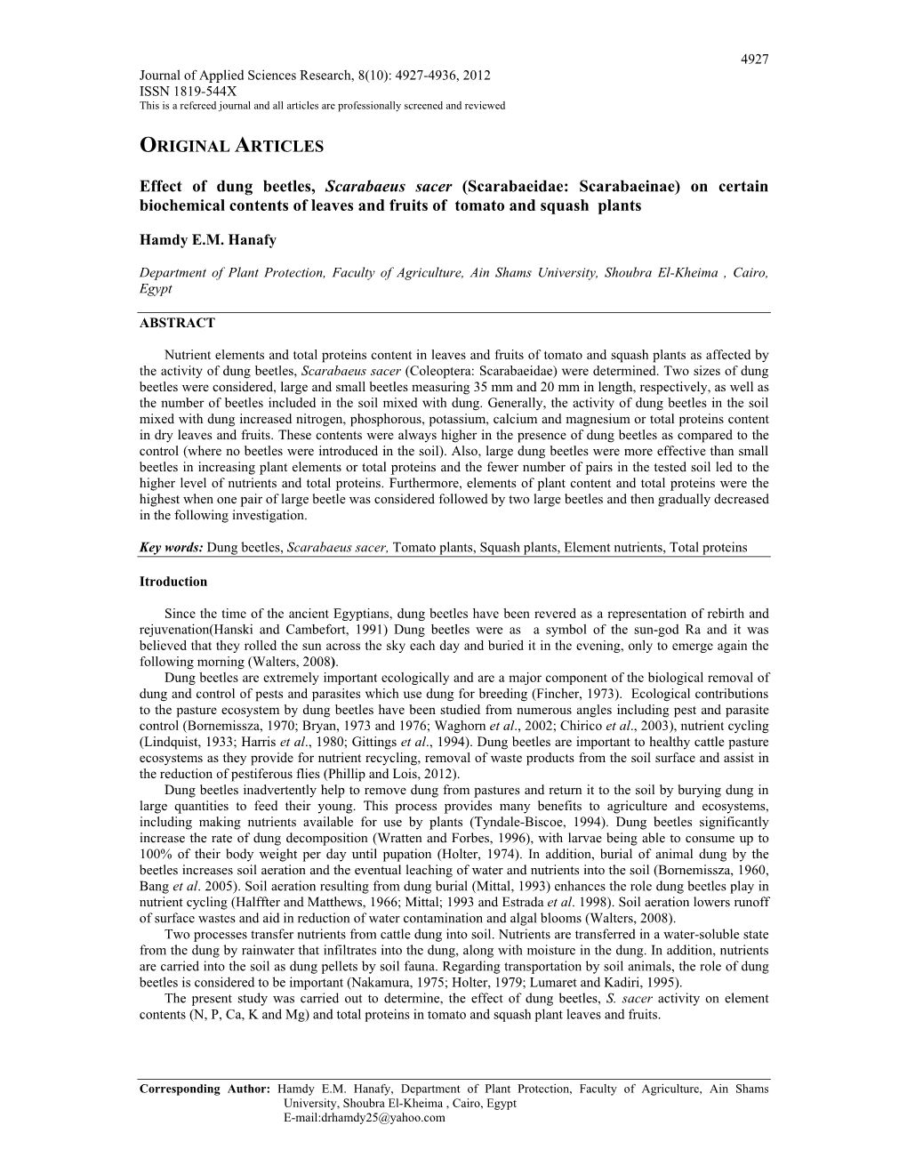 ORIGINAL ARTICLES Effect of Dung Beetles, Scarabaeus Sacer