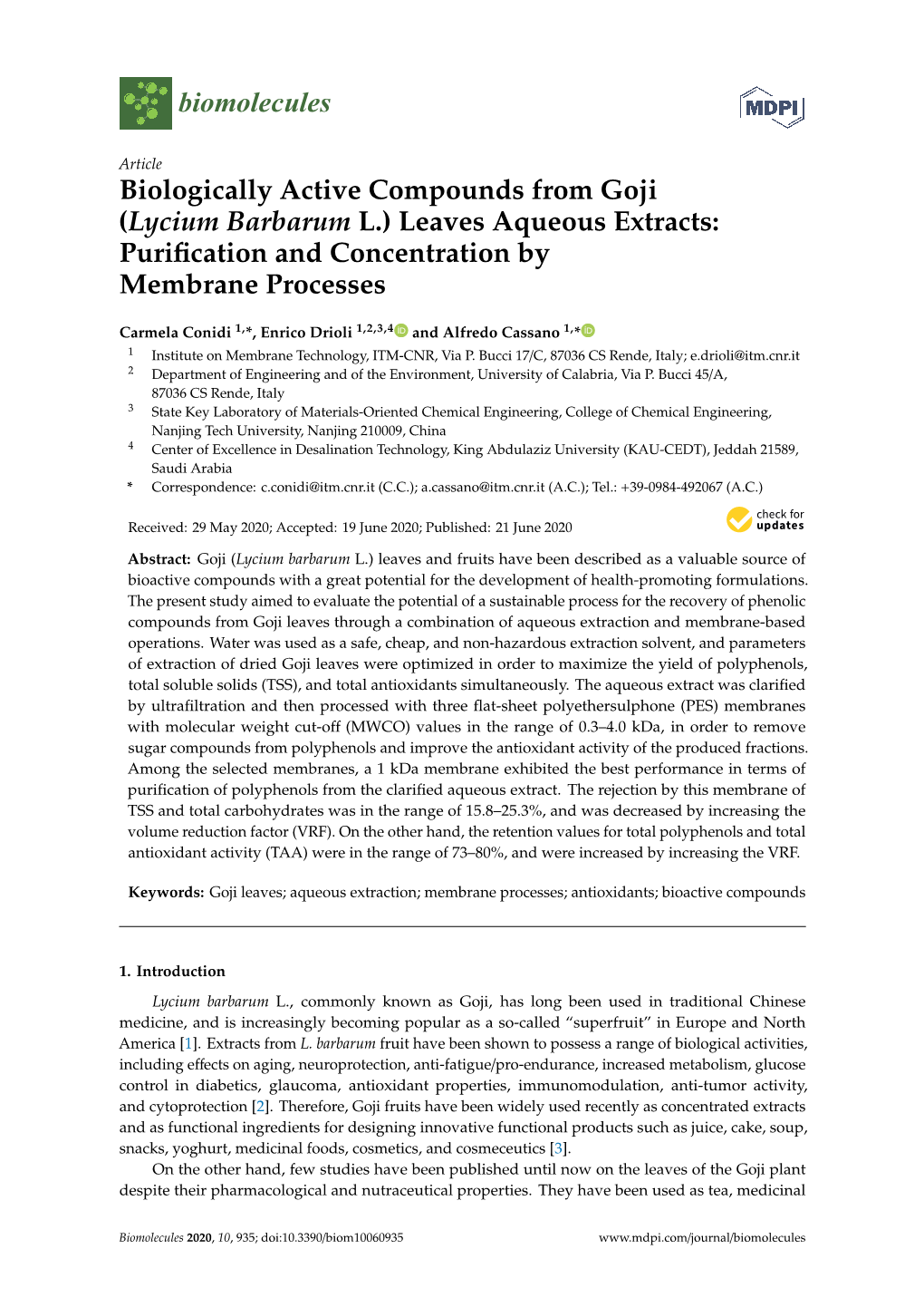Biologically Active Compounds from Goji (Lycium Barbarum L.) Leaves Aqueous Extracts: Puriﬁcation and Concentration by Membrane Processes
