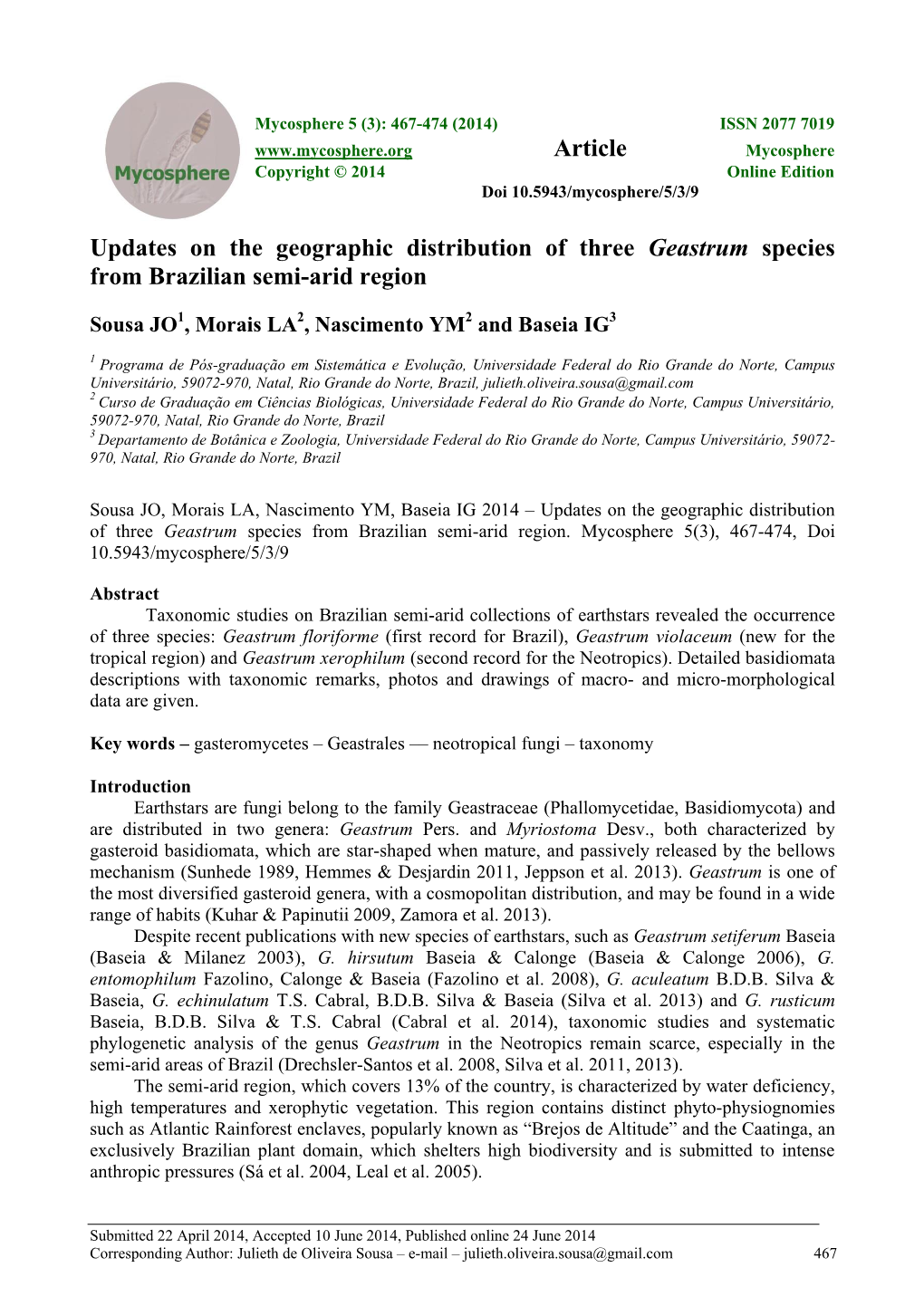 Updates on the Geographic Distribution of Three Geastrum Species from Brazilian Semi-Arid Region