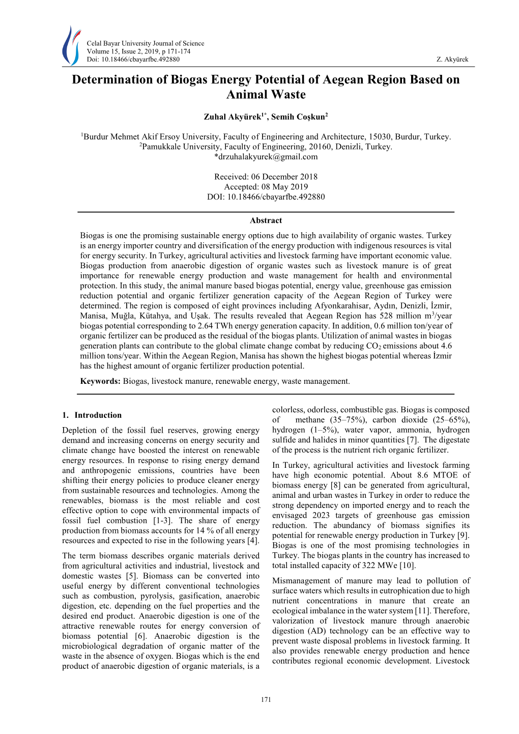 Determination of Biogas Energy Potential of Aegean Region Based on Animal Waste