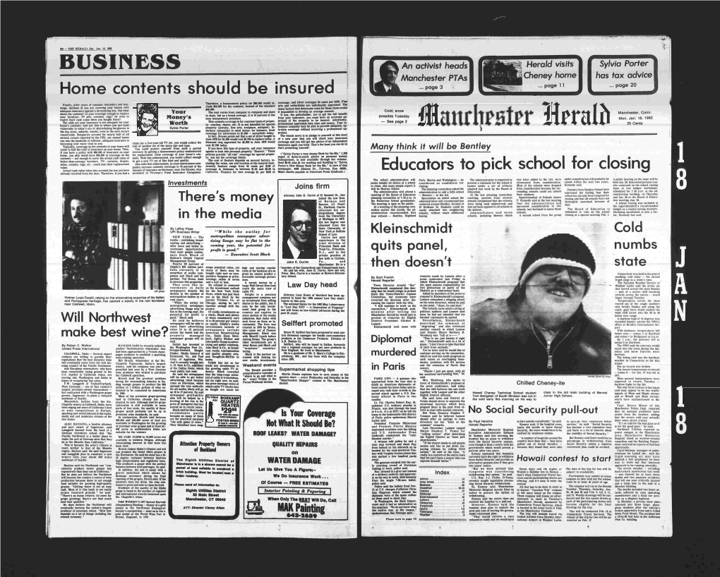 BUSINESS an Activist Heads Herald Visits' Sylvia Porter / Manchester Ptas Cheney Home Has Tax Advice Home Contents Should Be Insured