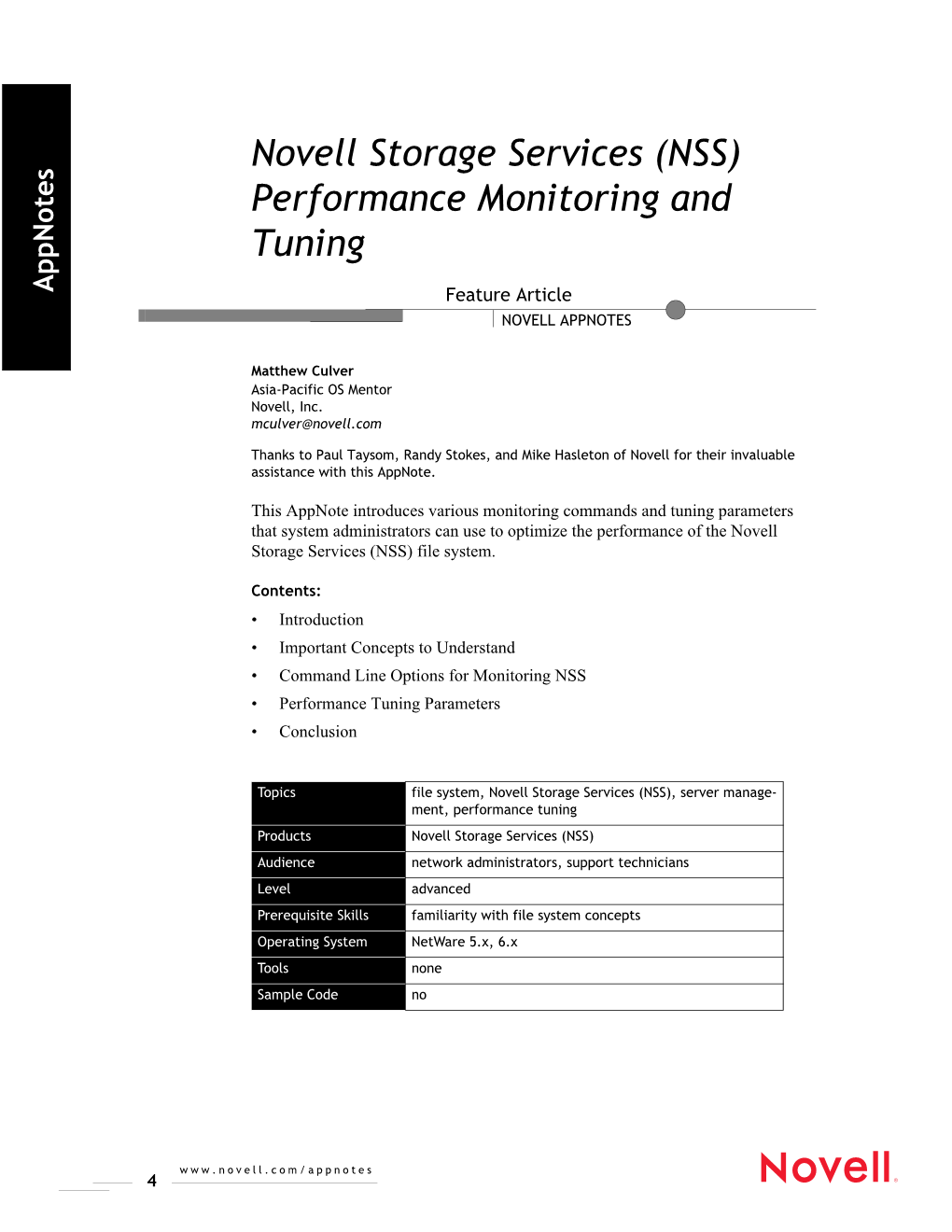 Novell Storage Services (NSS) Performance Monitoring and Tuning
