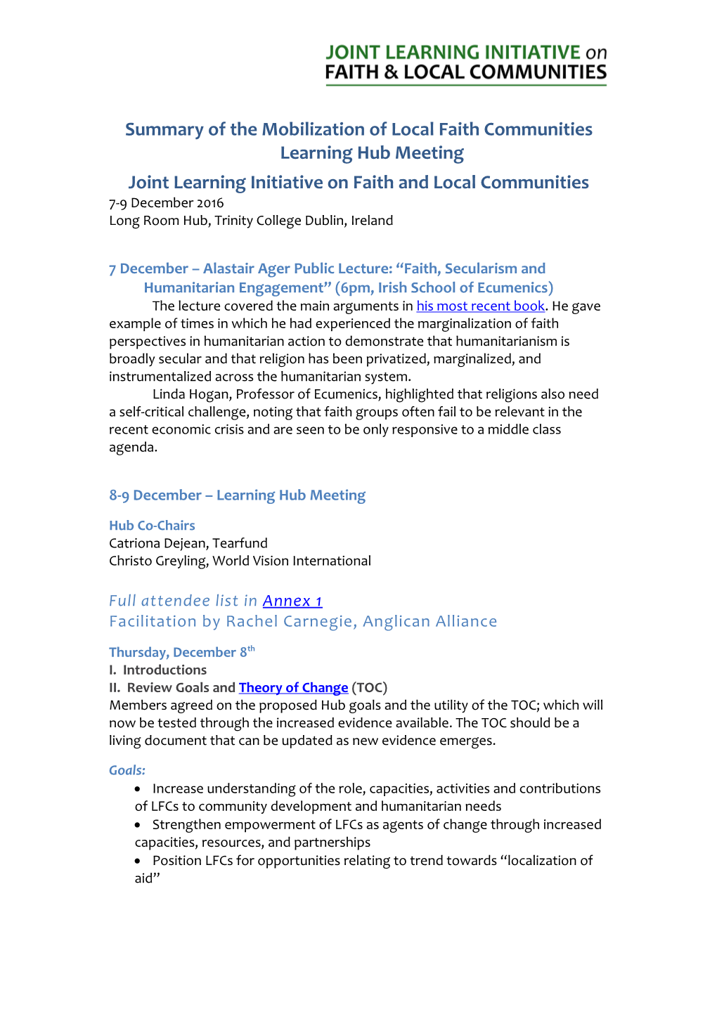 Summary of the Mobilization of Local Faith Communities Learning Hub Meeting