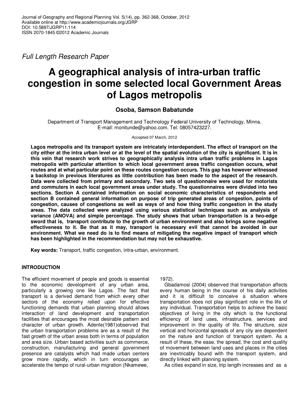 A Geographical Analysis of Intra-Urban Traffic Congestion in Some Selected Local Government Areas of Lagos Metropolis